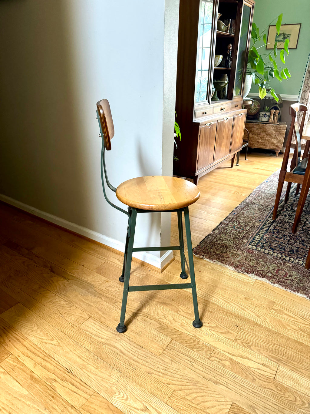 Industrial Pollard Brothers Metal Drafting Chair | Factory Fixed Height Metal Stool | Industrial Rustic Metal Chair | Round Wood Seat Stool