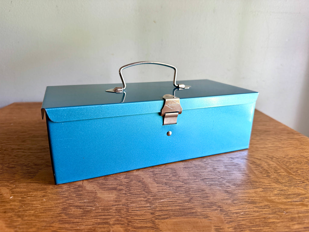Vintage Small Merriam Blue Deeds Box ~ Small Blue Toolbox ~ Blue Stash Box