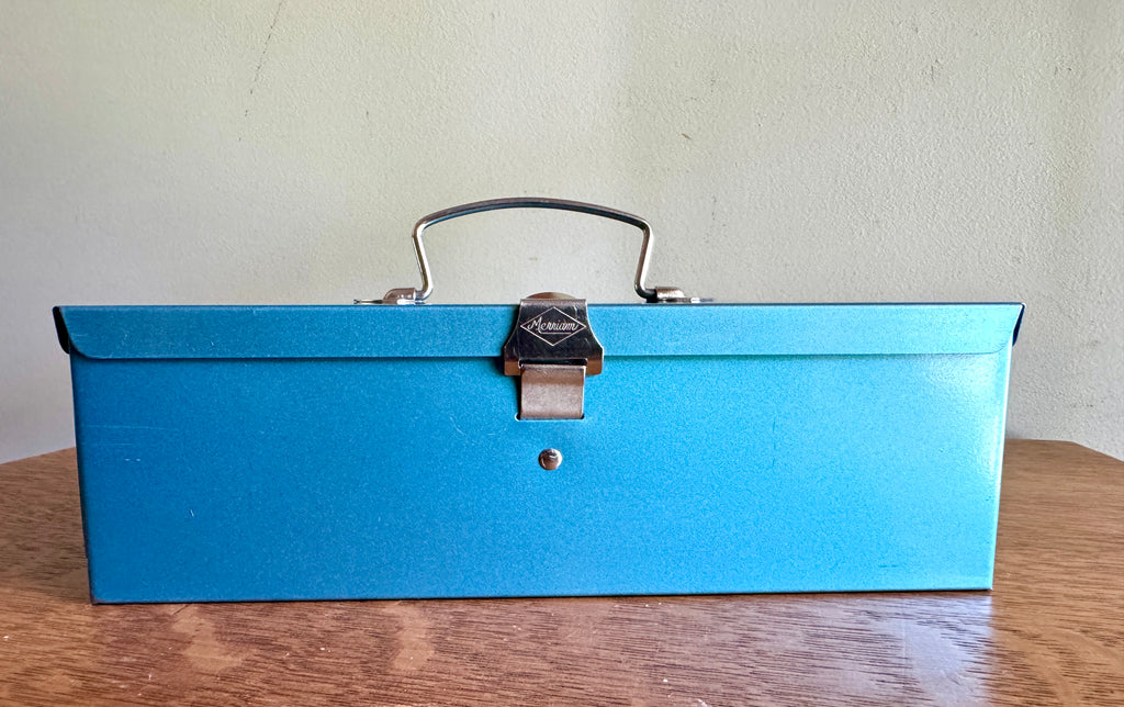Vintage Small Merriam Blue Deeds Box ~ Small Blue Toolbox ~ Blue Stash Box