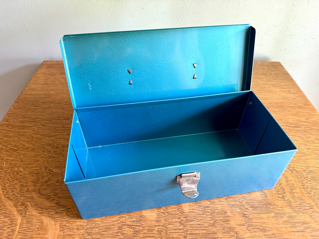 Vintage Small Merriam Blue Deeds Box ~ Small Blue Toolbox ~ Blue Stash Box