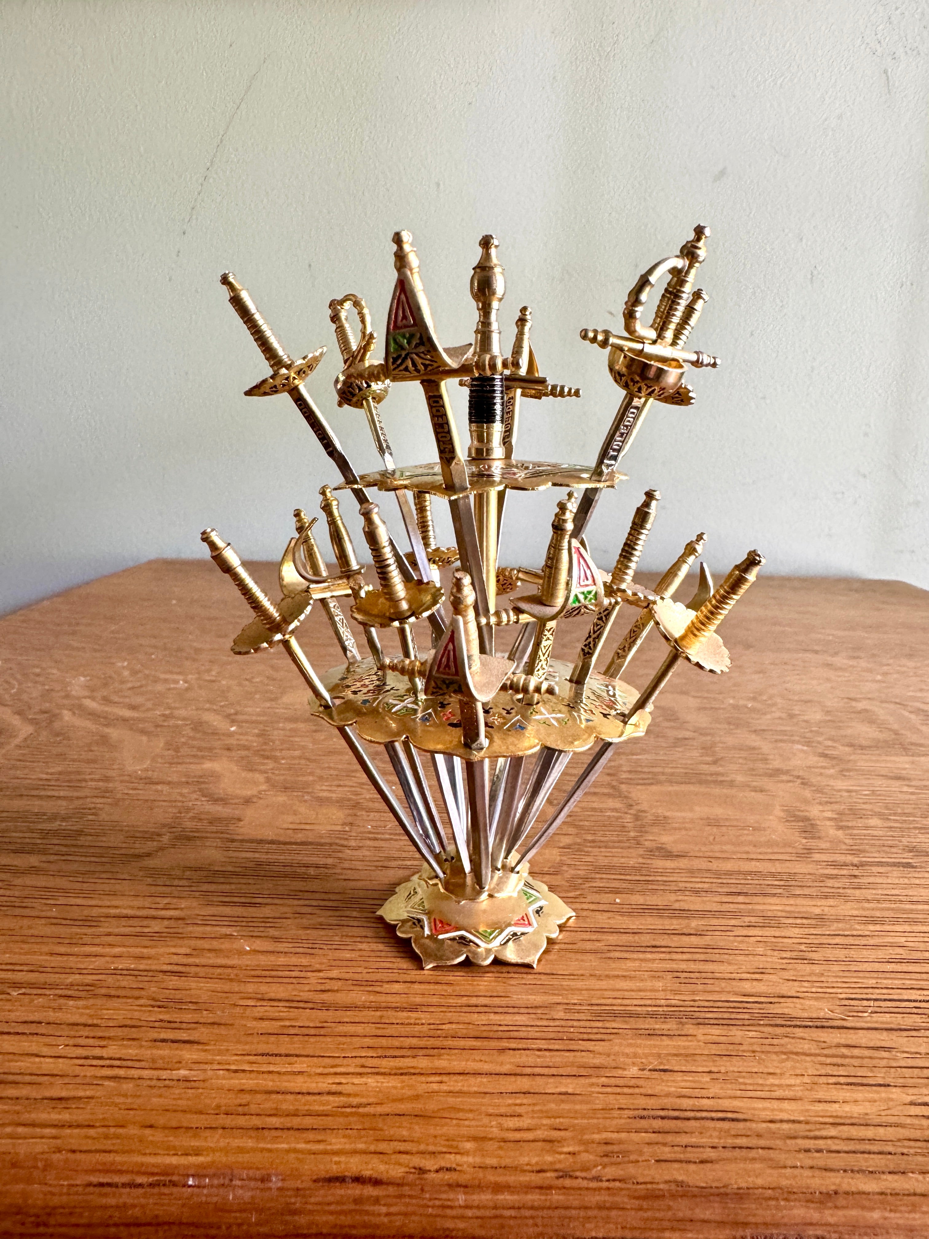 Toledo Spain 18 Cocktail Sword Set DAMASCENE Brass Mini Swords Picks ~ 2 Tier Mini Spanish Skewer Set