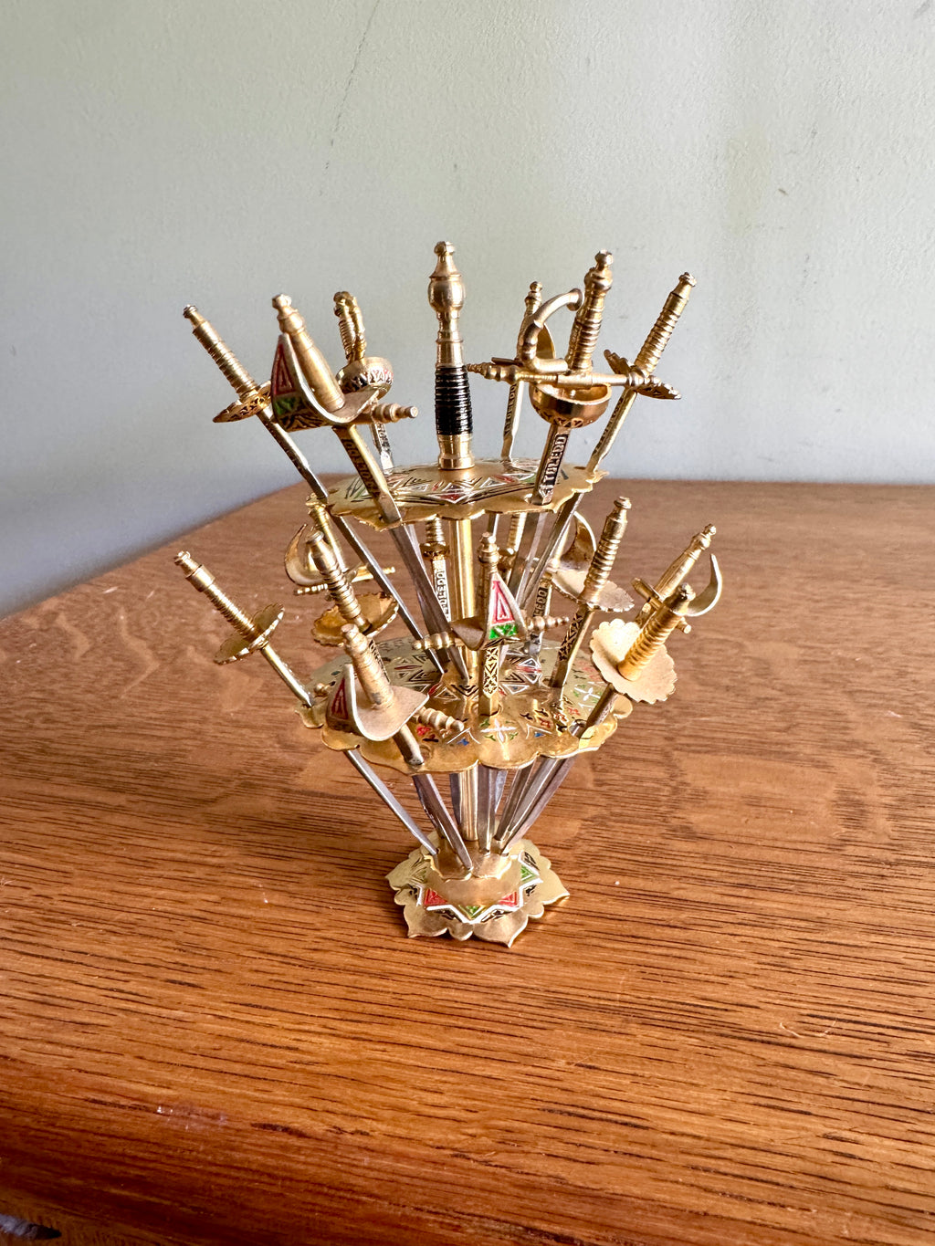 Toledo Spain 18 Cocktail Sword Set DAMASCENE Brass Mini Swords Picks ~ 2 Tier Mini Spanish Skewer Set