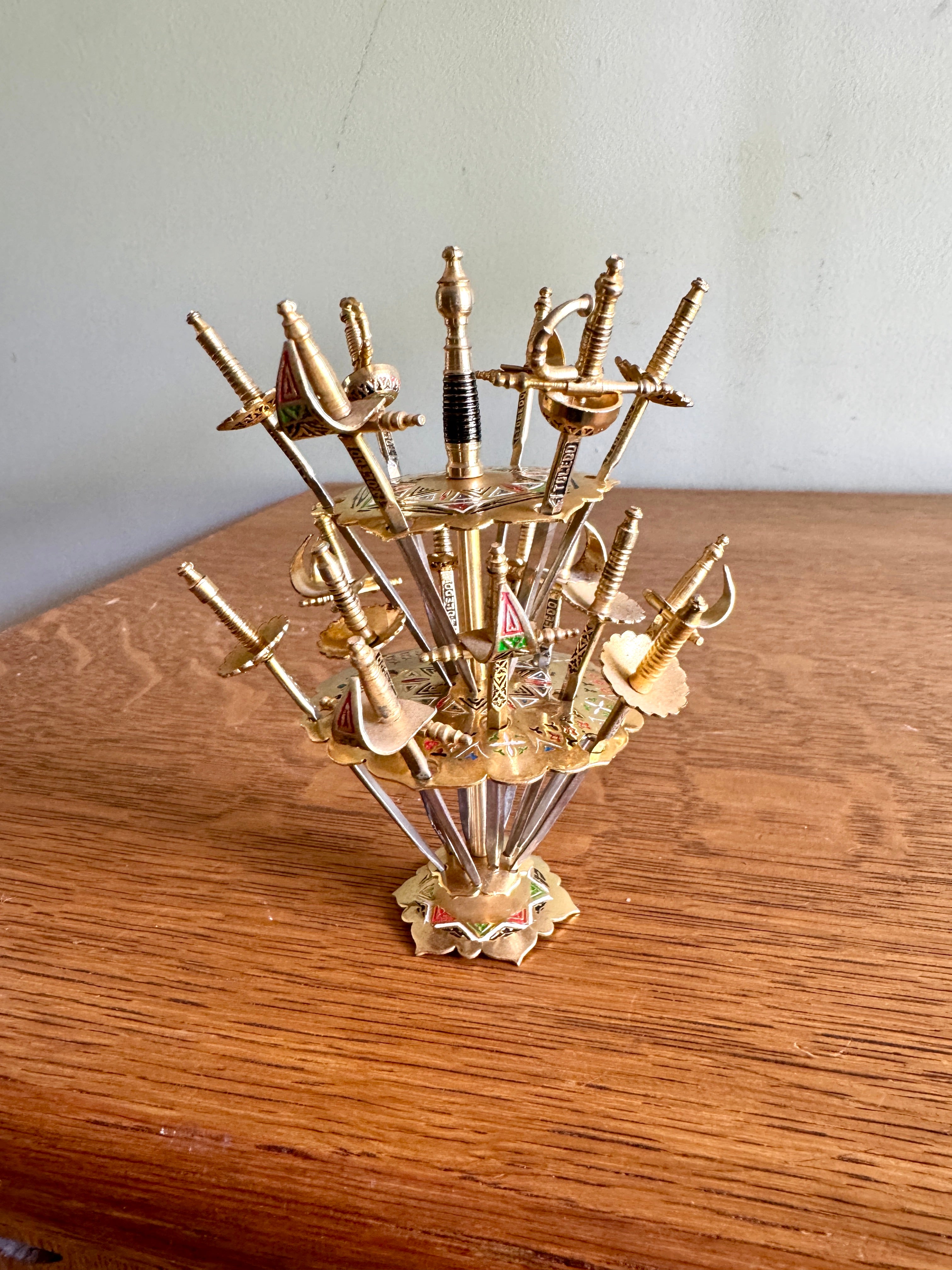 Toledo Spain 18 Cocktail Sword Set DAMASCENE Brass Mini Swords Picks ~ 2 Tier Mini Spanish Skewer Set