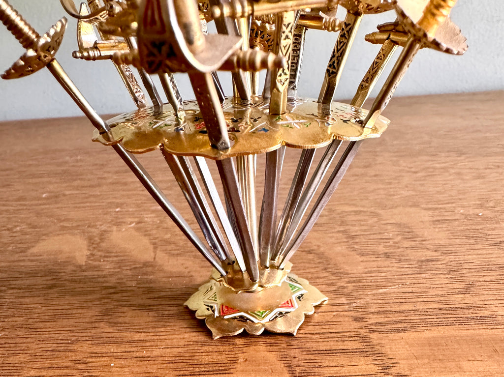 Toledo Spain 18 Cocktail Sword Set DAMASCENE Brass Mini Swords Picks ~ 2 Tier Mini Spanish Skewer Set