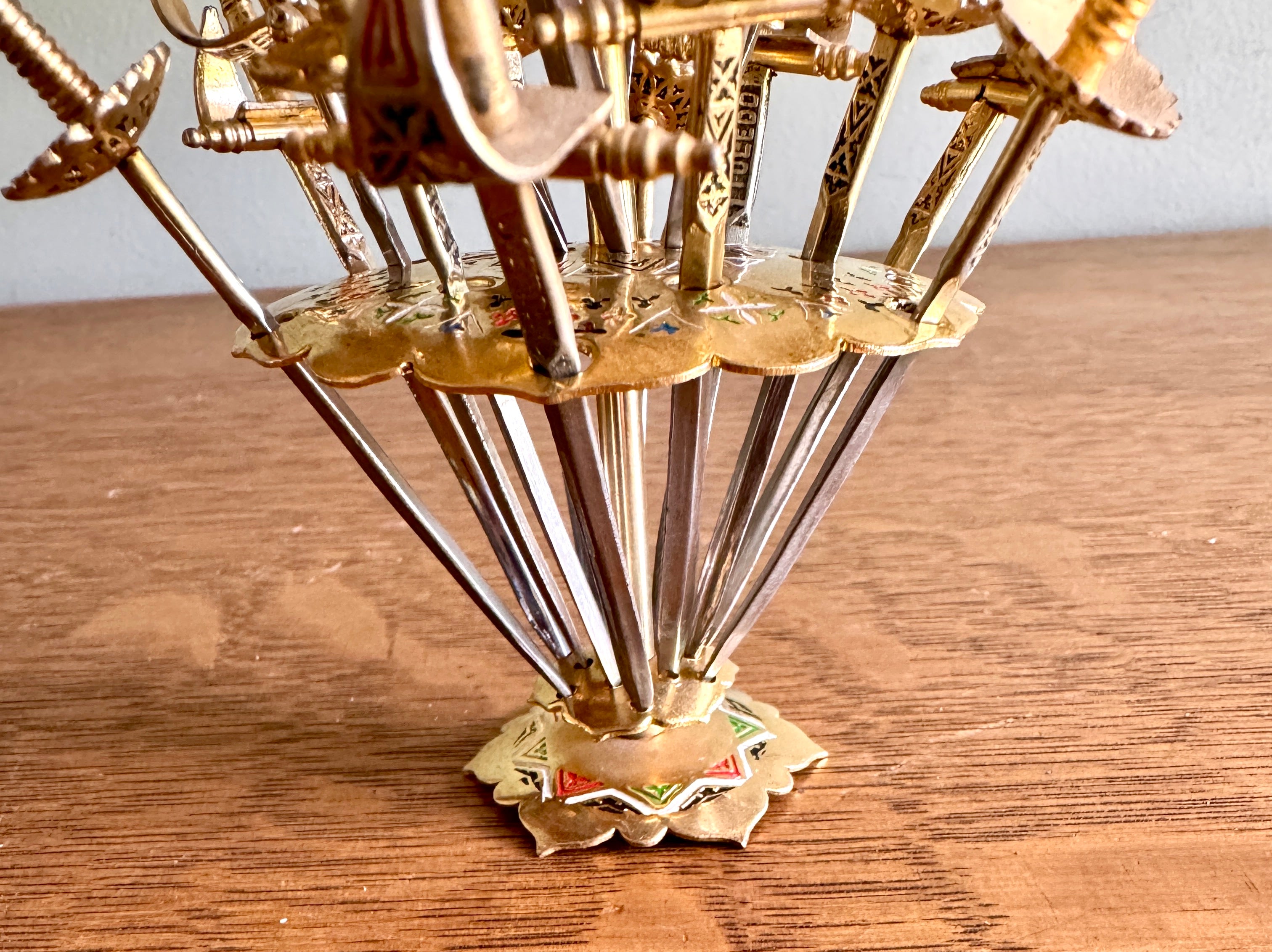 Toledo Spain 18 Cocktail Sword Set DAMASCENE Brass Mini Swords Picks ~ 2 Tier Mini Spanish Skewer Set