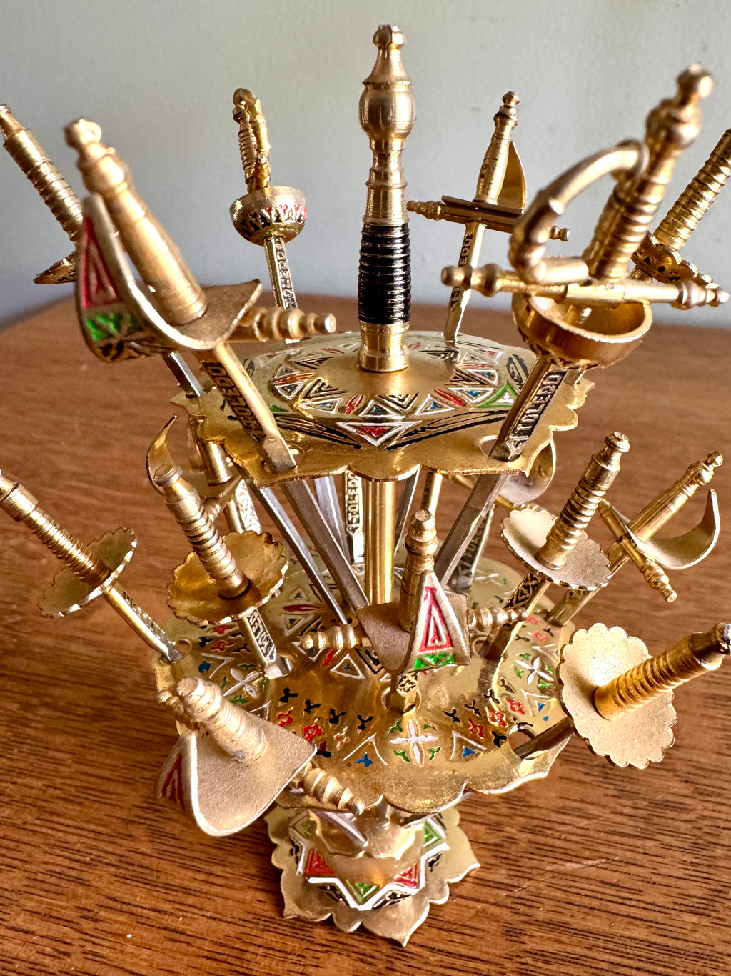 Toledo Spain 18 Cocktail Sword Set DAMASCENE Brass Mini Swords Picks ~ 2 Tier Mini Spanish Skewer Set
