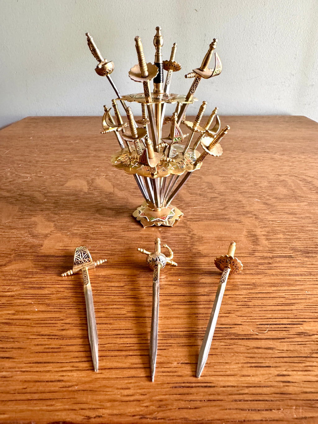 Toledo Spain 18 Cocktail Sword Set DAMASCENE Brass Mini Swords Picks ~ 2 Tier Mini Spanish Skewer Set