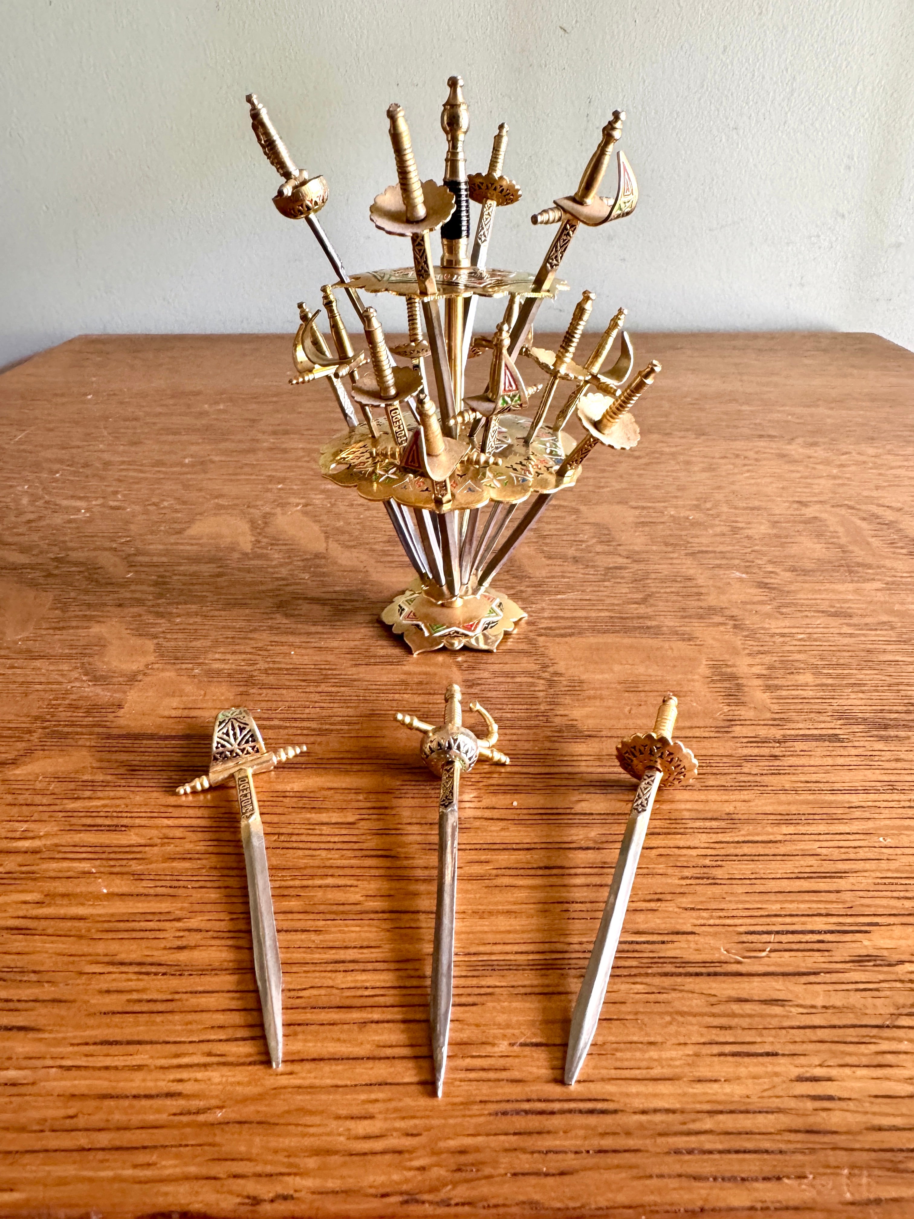 Toledo Spain 18 Cocktail Sword Set DAMASCENE Brass Mini Swords Picks ~ 2 Tier Mini Spanish Skewer Set