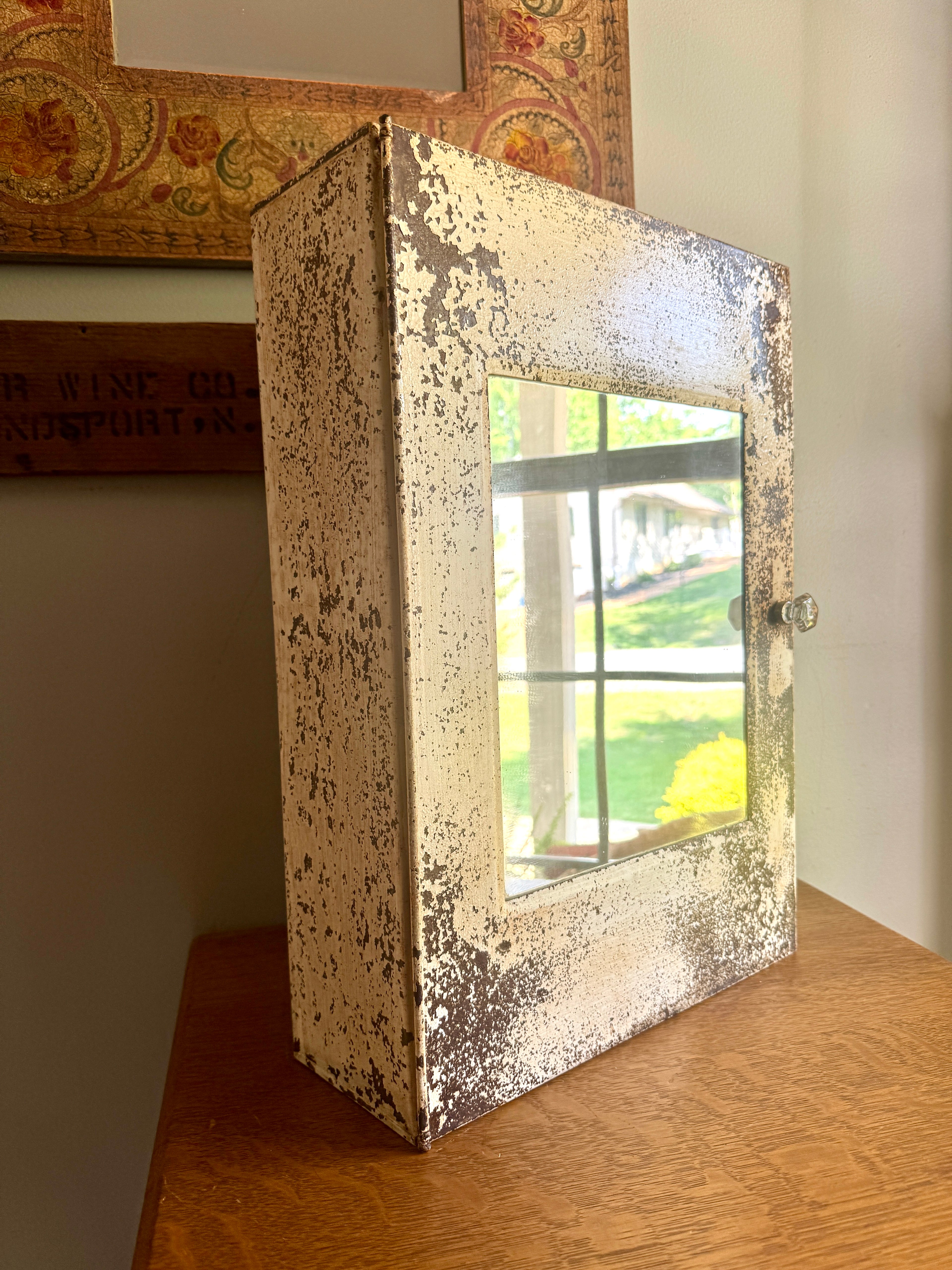 Distressed Painted Metal Mirror Medicine Cabinet ~ Rustic Metal Mirror Wall Cabinet