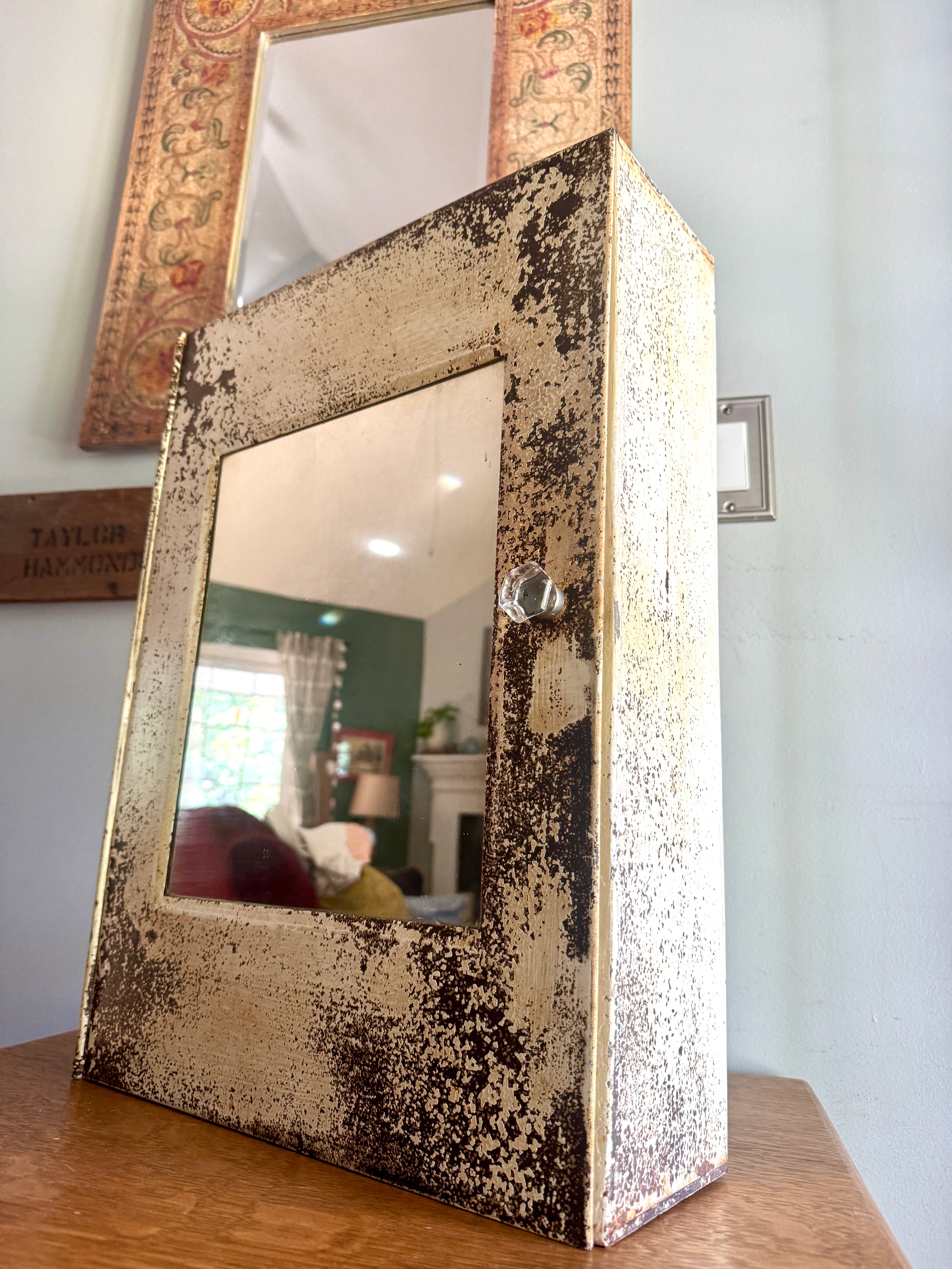 Distressed Painted Metal Mirror Medicine Cabinet ~ Rustic Metal Mirror Wall Cabinet