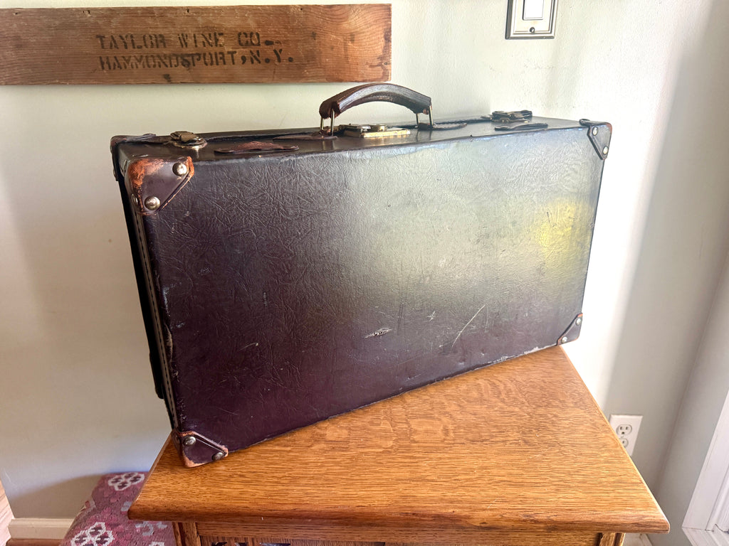 1930's Brown Leather Wrapped Suitcase ~ Antique Luggage ~ Vintage Travel Case