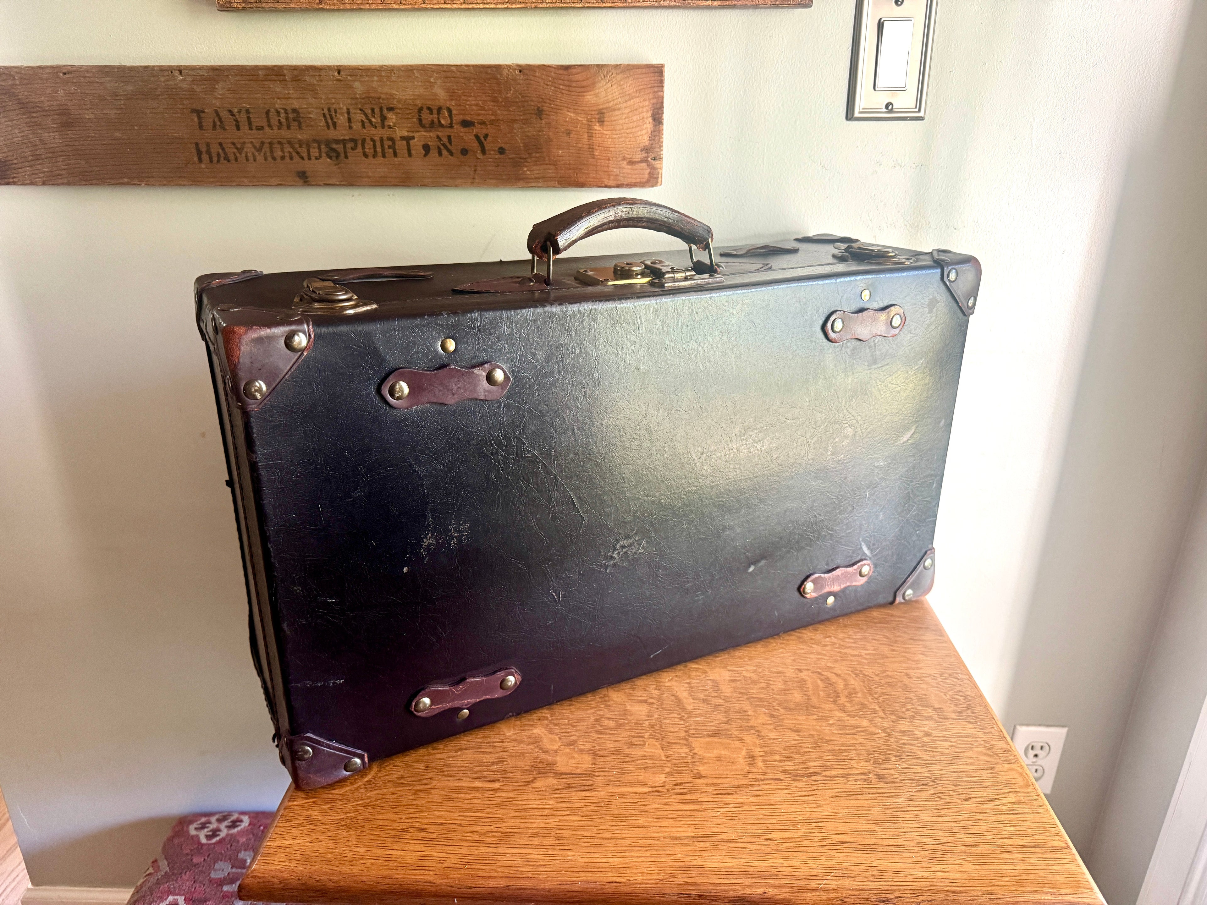 1930's Brown Leather Wrapped Suitcase ~ Antique Luggage ~ Vintage Travel Case