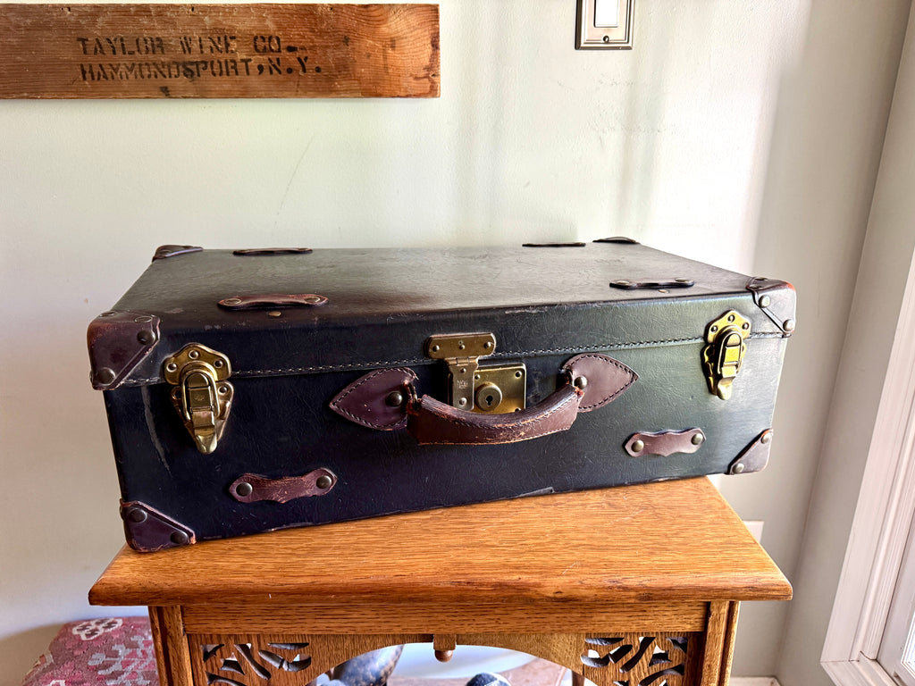 1930's Brown Leather Wrapped Suitcase ~ Antique Luggage ~ Vintage Travel Case
