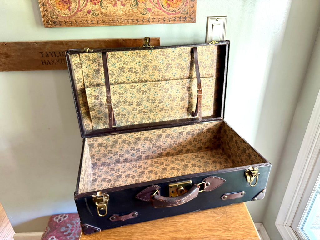 1930's Brown Leather Wrapped Suitcase ~ Antique Luggage ~ Vintage Travel Case