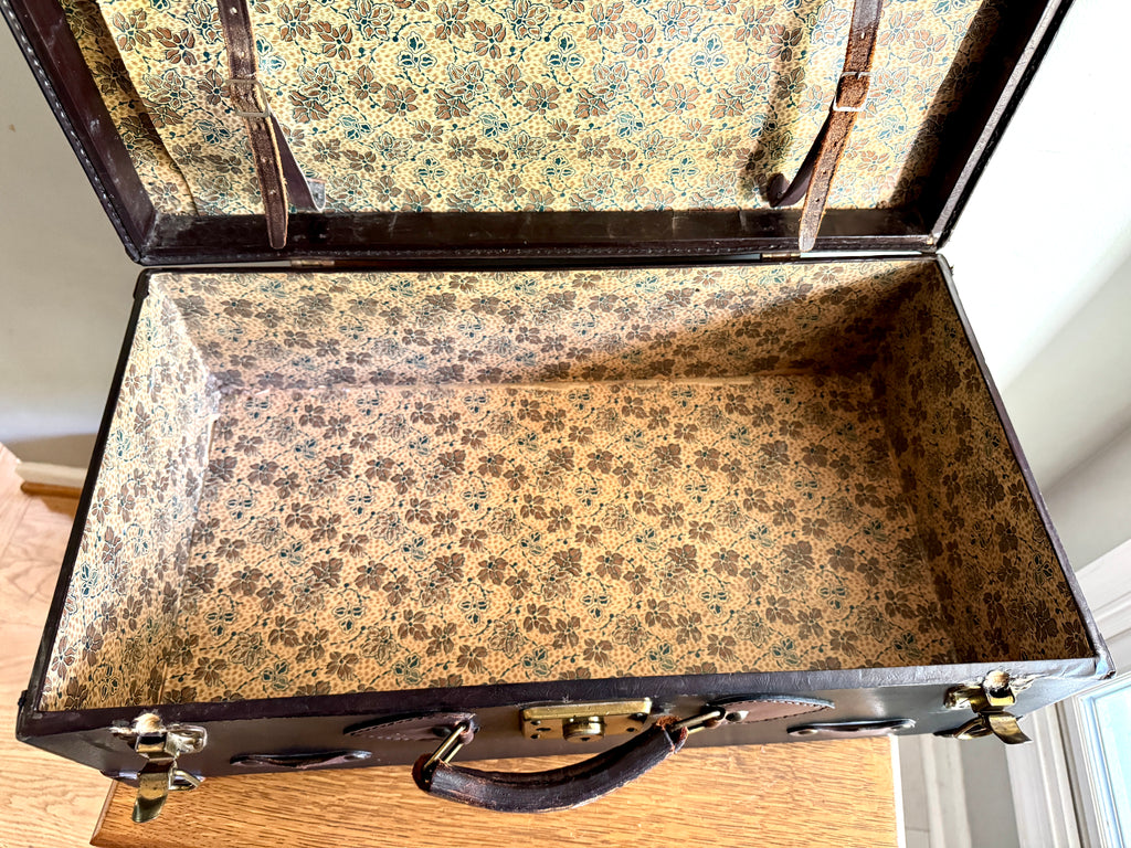 1930's Brown Leather Wrapped Suitcase ~ Antique Luggage ~ Vintage Travel Case