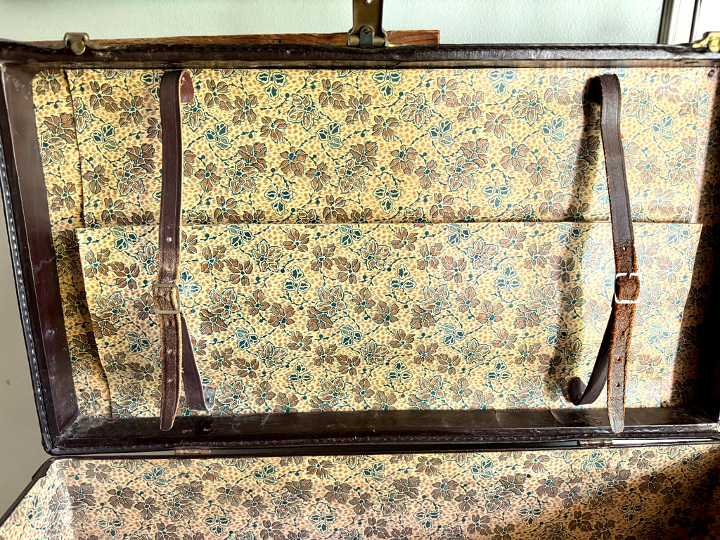 1930's Brown Leather Wrapped Suitcase ~ Antique Luggage ~ Vintage Travel Case