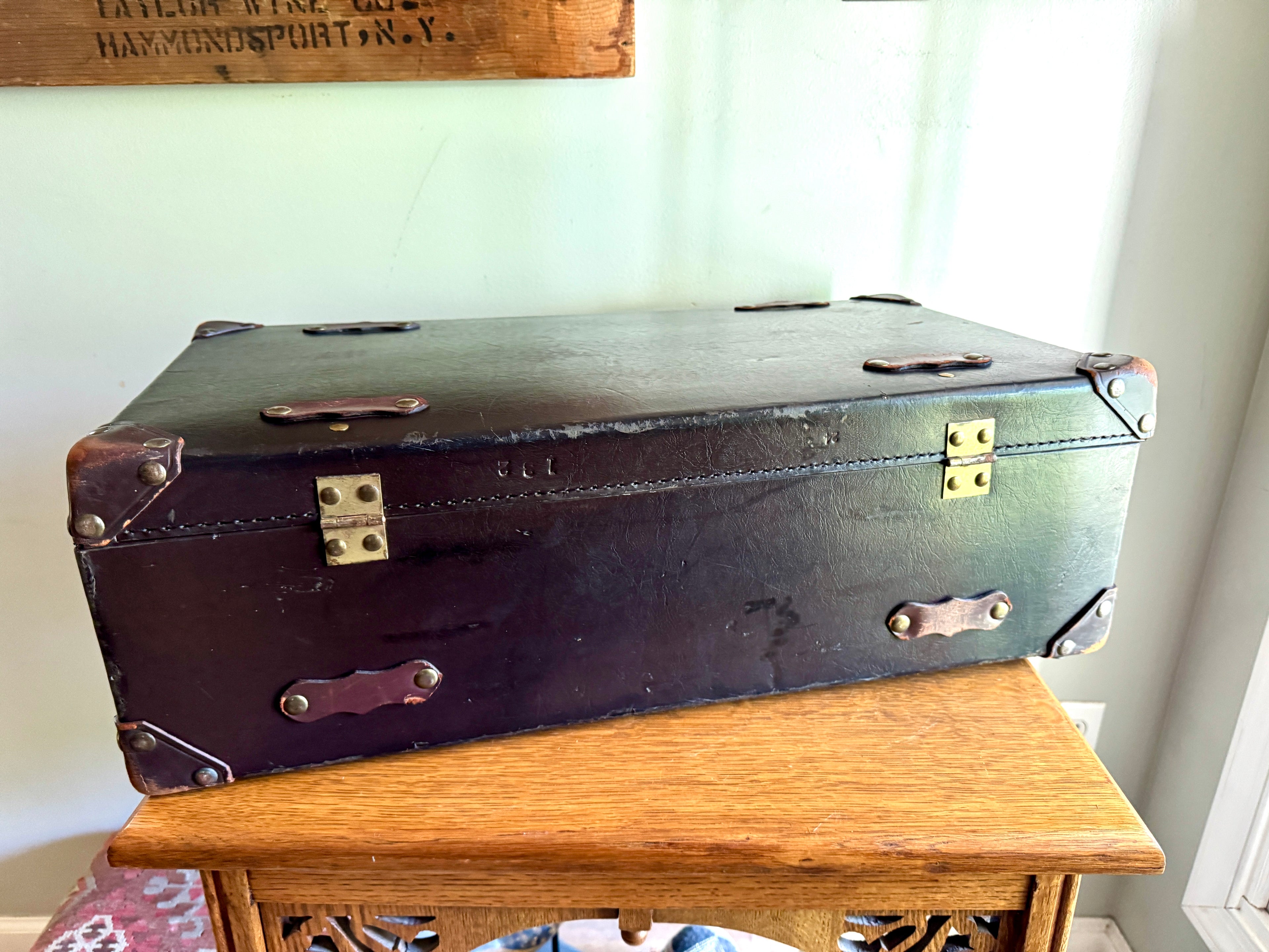 1930's Brown Leather Wrapped Suitcase ~ Antique Luggage ~ Vintage Travel Case