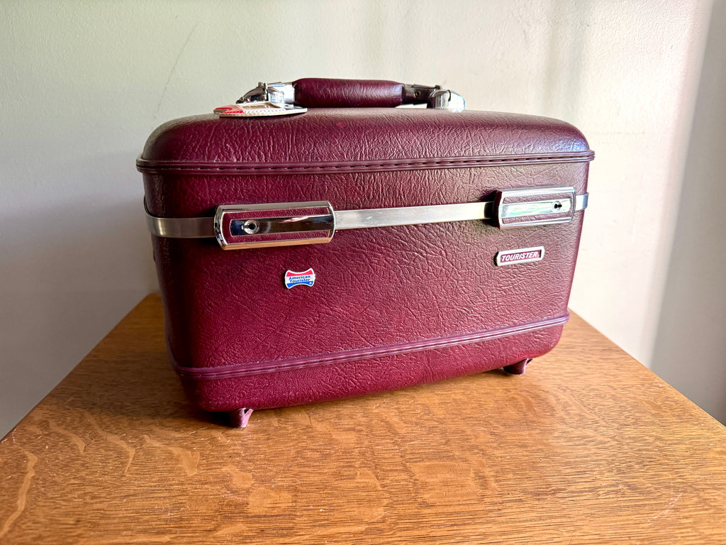 70's American Tourister Burgundy Train Case with Tray and Mirror ~ Burgundy Cosmetic Case