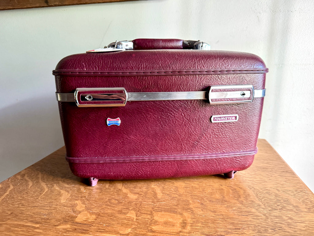 70's American Tourister Burgundy Train Case with Tray and Mirror ~ Burgundy Cosmetic Case