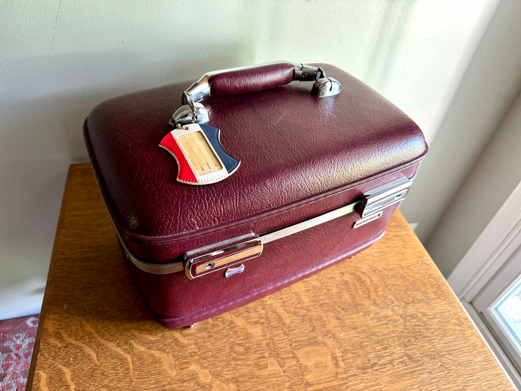 70's American Tourister Burgundy Train Case with Tray and Mirror ~ Burgundy Cosmetic Case