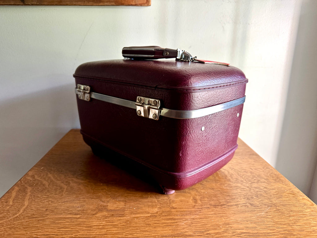 70's American Tourister Burgundy Train Case with Tray and Mirror ~ Burgundy Cosmetic Case