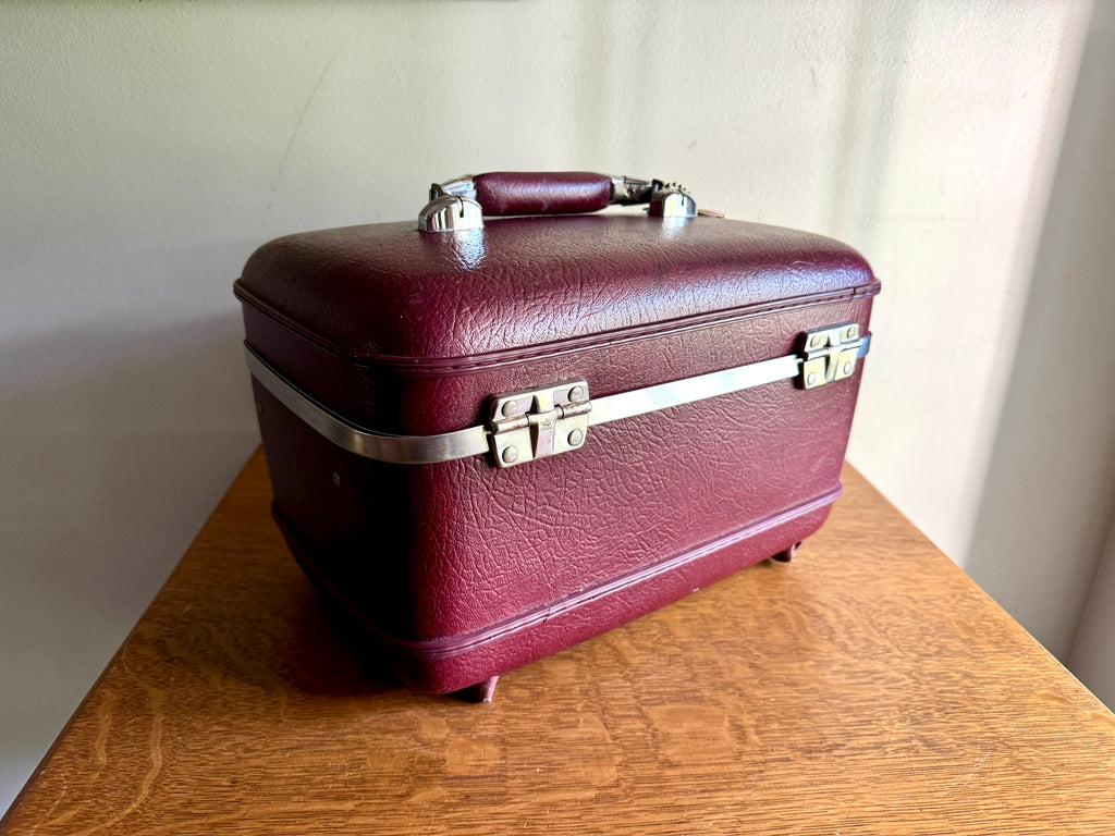 70's American Tourister Burgundy Train Case with Tray and Mirror ~ Burgundy Cosmetic Case