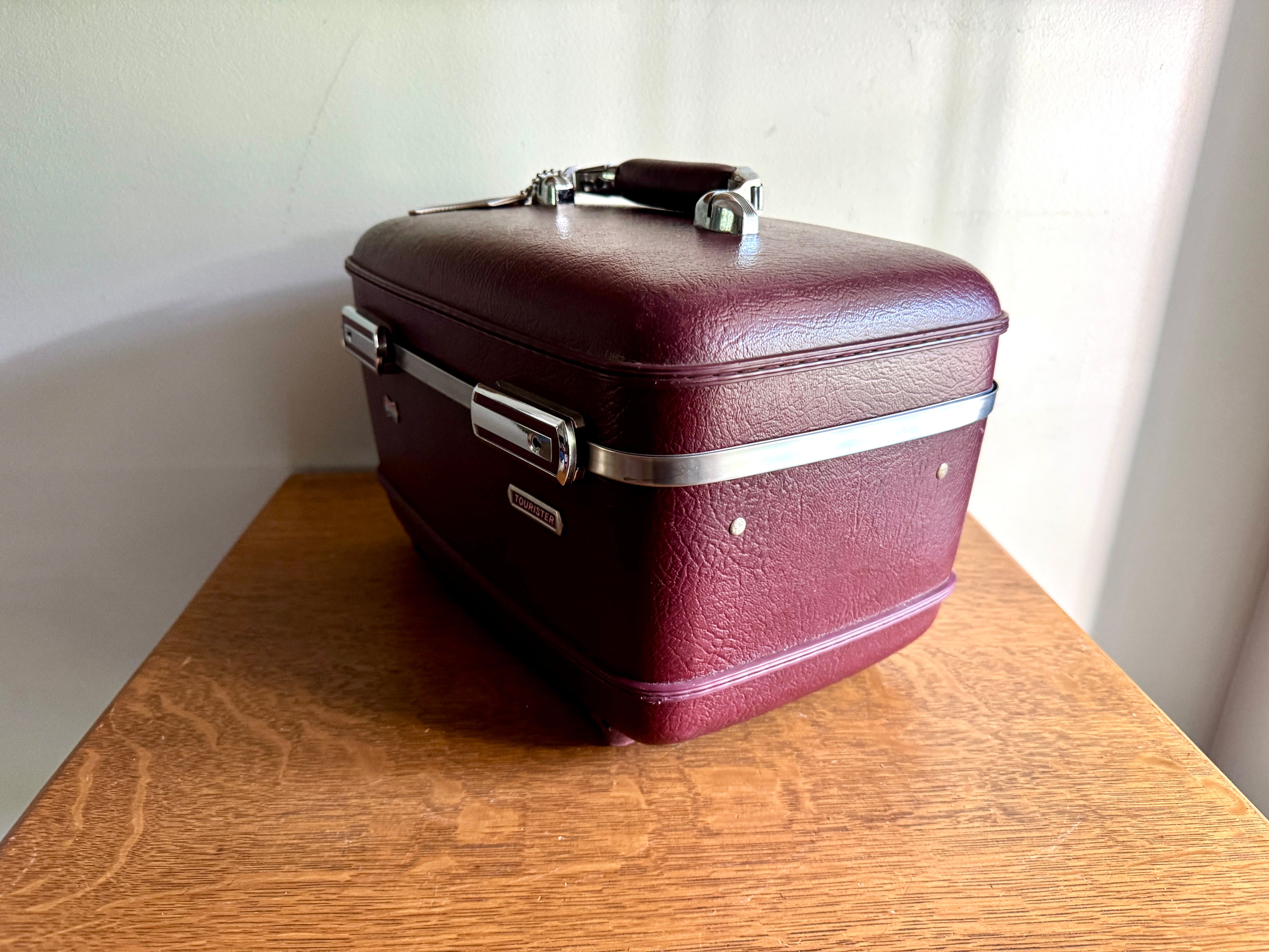 70's American Tourister Burgundy Train Case with Tray and Mirror ~ Burgundy Cosmetic Case