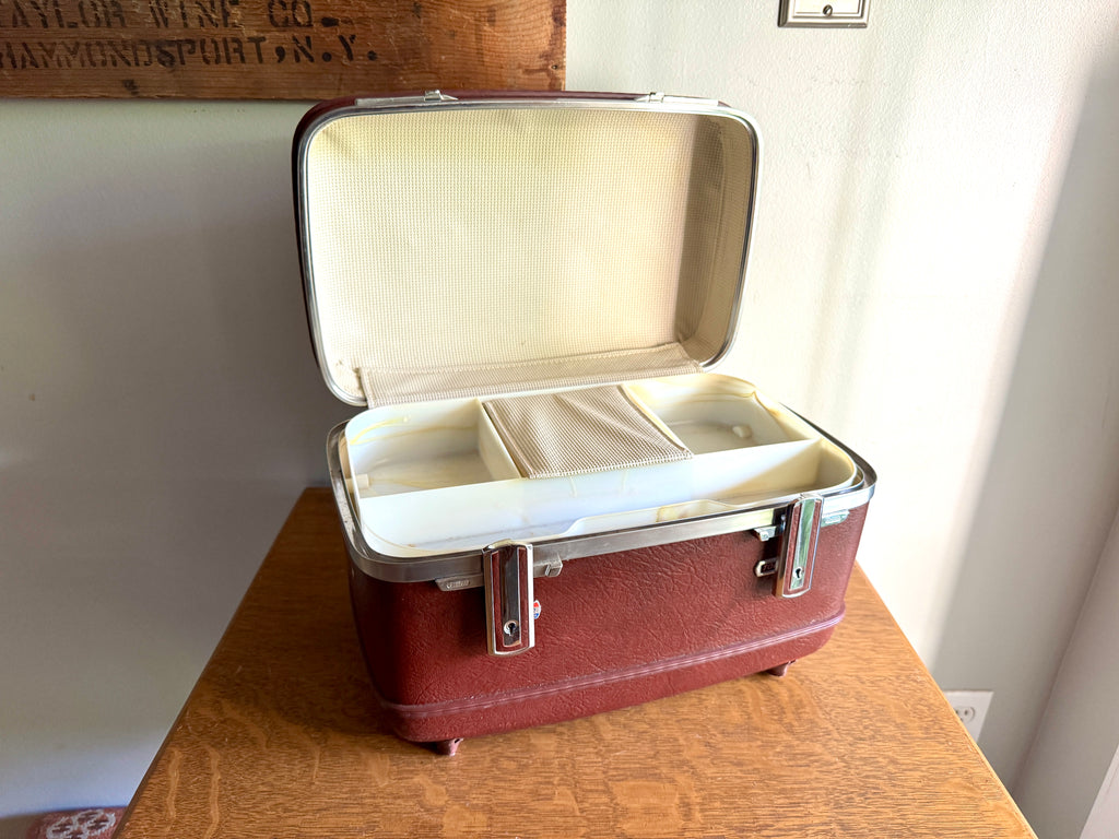 70's American Tourister Burgundy Train Case with Tray and Mirror ~ Burgundy Cosmetic Case