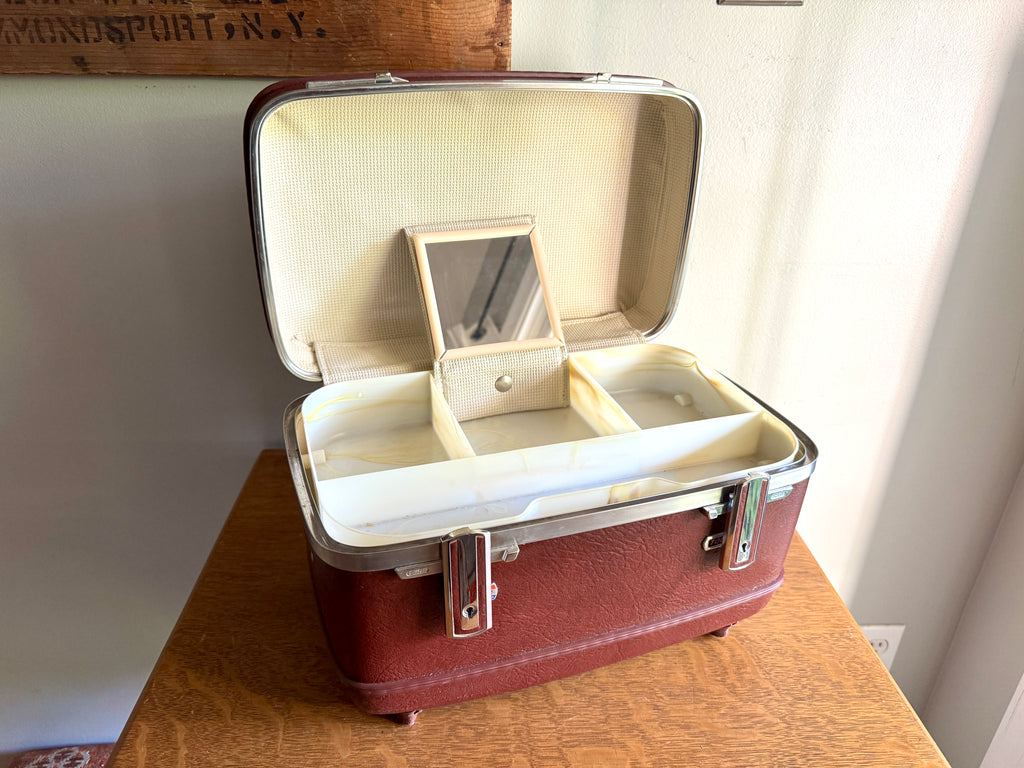 70's American Tourister Burgundy Train Case with Tray and Mirror ~ Burgundy Cosmetic Case