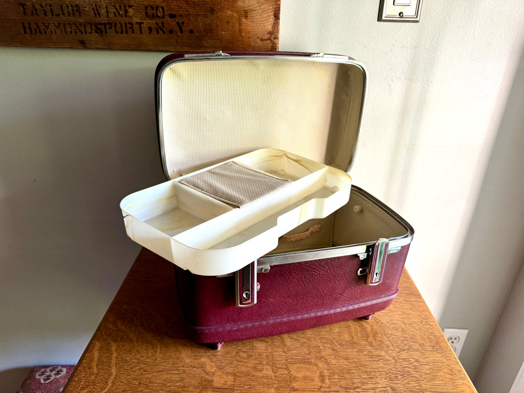 70's American Tourister Burgundy Train Case with Tray and Mirror ~ Burgundy Cosmetic Case