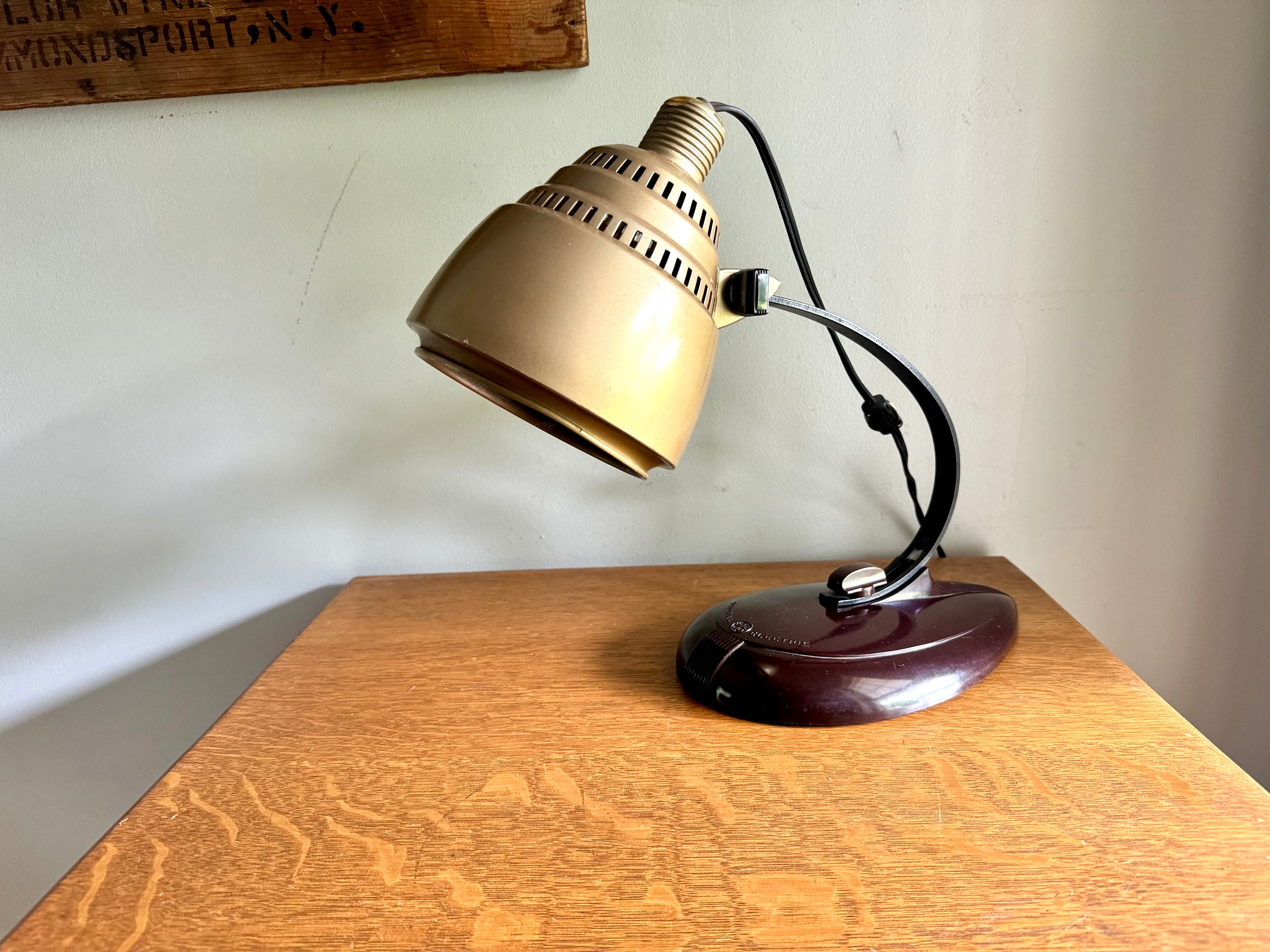 General Electric Table Lamp | General Electric Infrared Lamp | Bakelite Base Coned Shade Desk Lamp | Adjustable Drafting Lamp