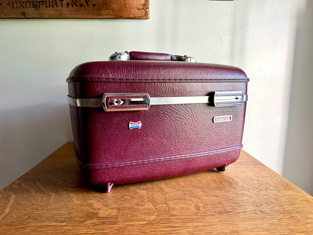 70's American Tourister Burgundy Train Case with Tray and Mirror ~ Burgundy Cosmetic Case