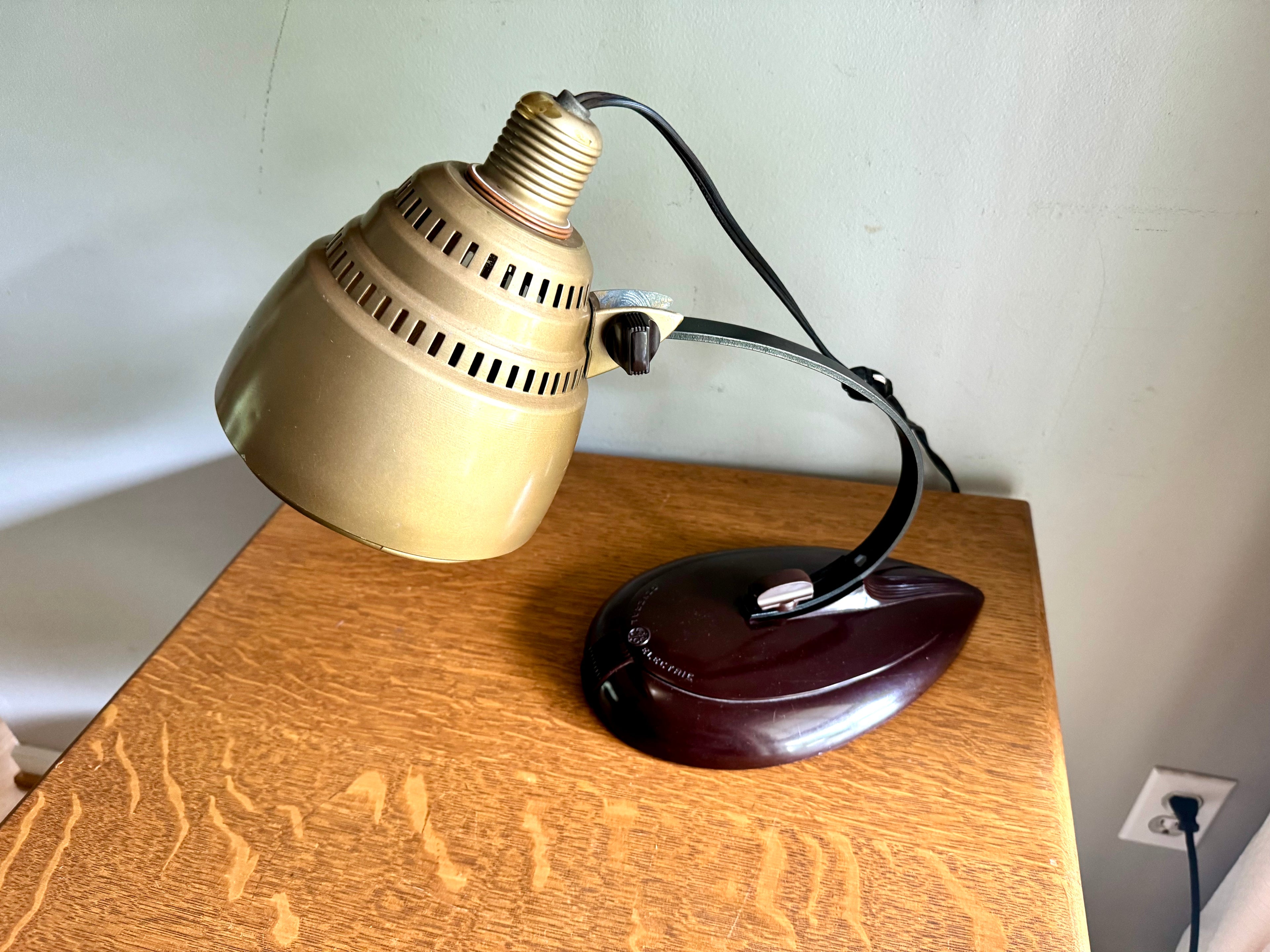 General Electric Table Lamp | General Electric Infrared Lamp | Bakelite Base Coned Shade Desk Lamp | Adjustable Drafting Lamp