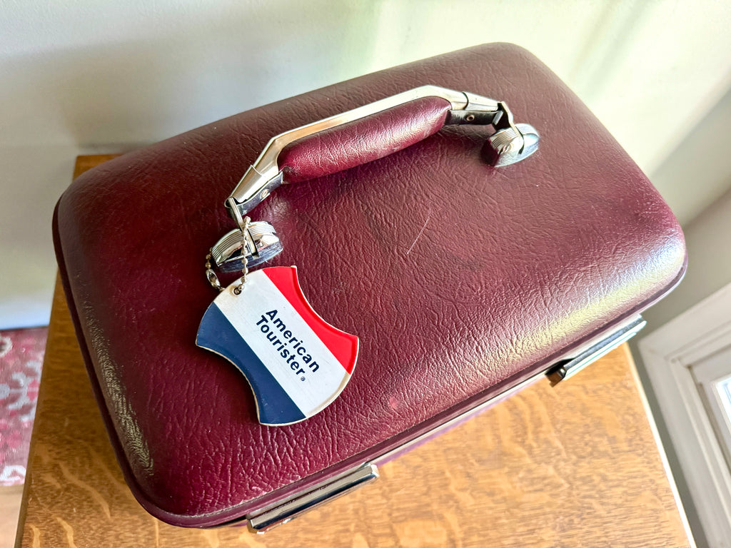 70's American Tourister Burgundy Train Case with Tray and Mirror ~ Burgundy Cosmetic Case