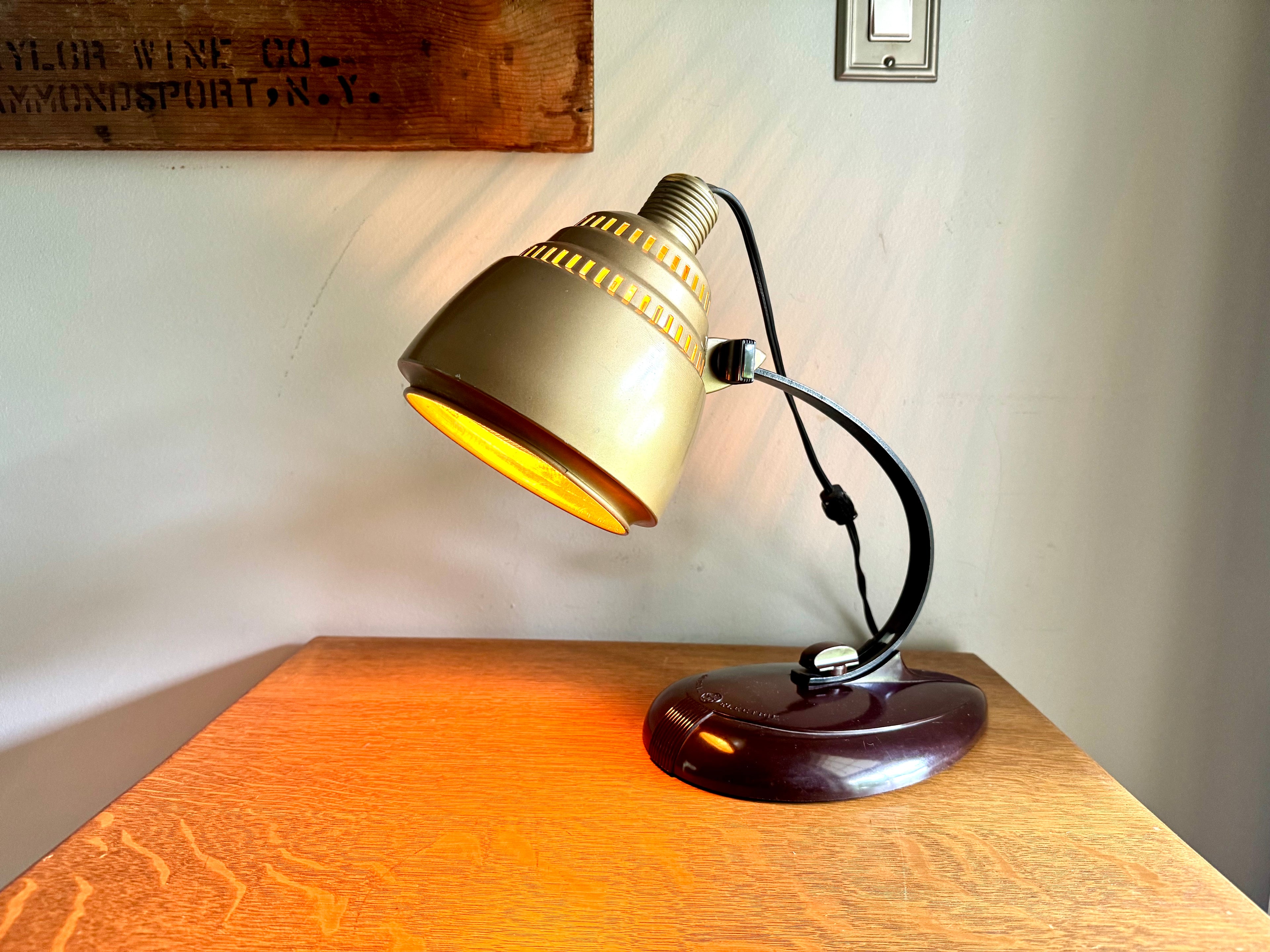 General Electric Table Lamp | General Electric Infrared Lamp | Bakelite Base Coned Shade Desk Lamp | Adjustable Drafting Lamp