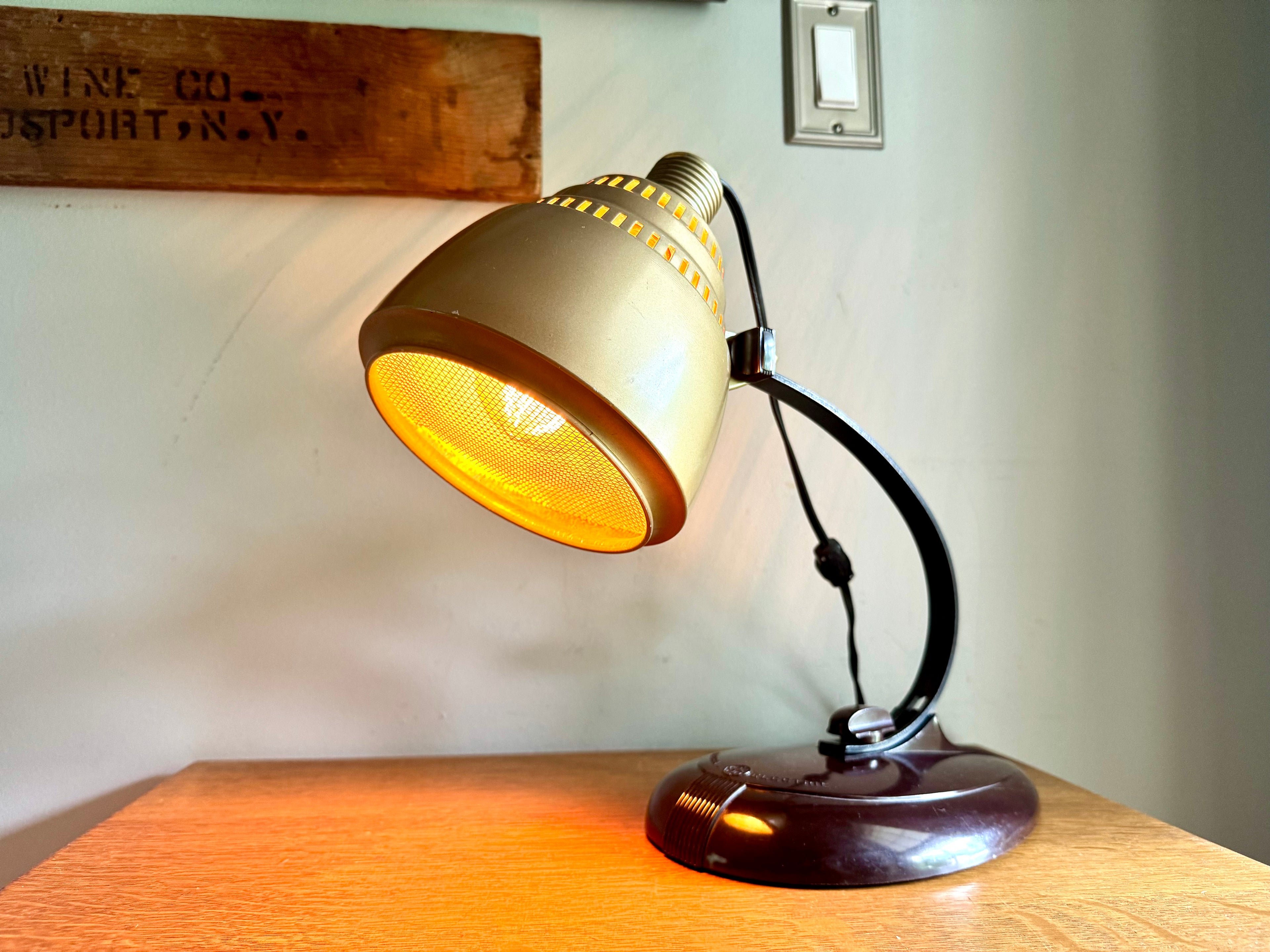 General Electric Table Lamp | General Electric Infrared Lamp | Bakelite Base Coned Shade Desk Lamp | Adjustable Drafting Lamp