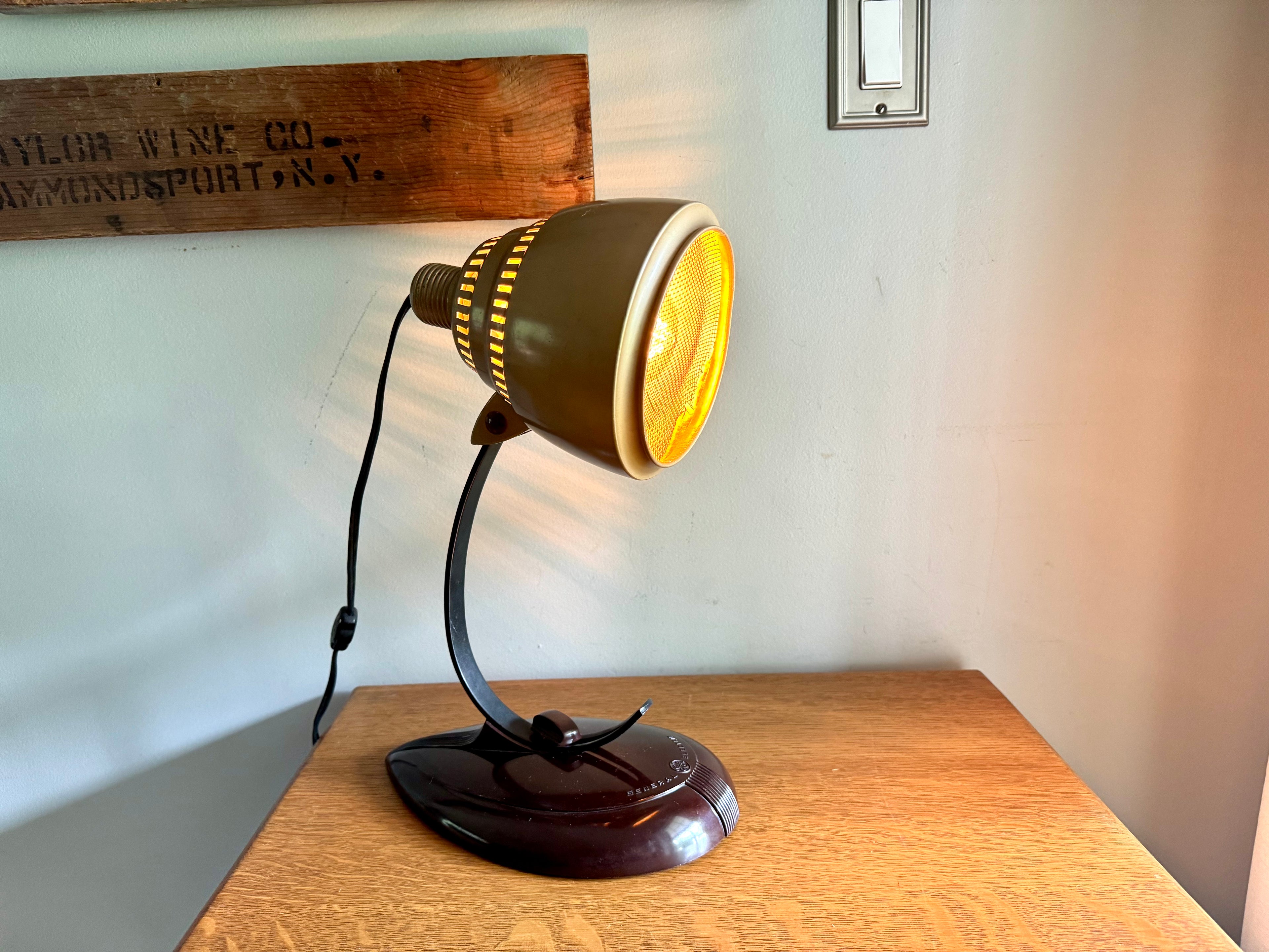 General Electric Table Lamp | General Electric Infrared Lamp | Bakelite Base Coned Shade Desk Lamp | Adjustable Drafting Lamp