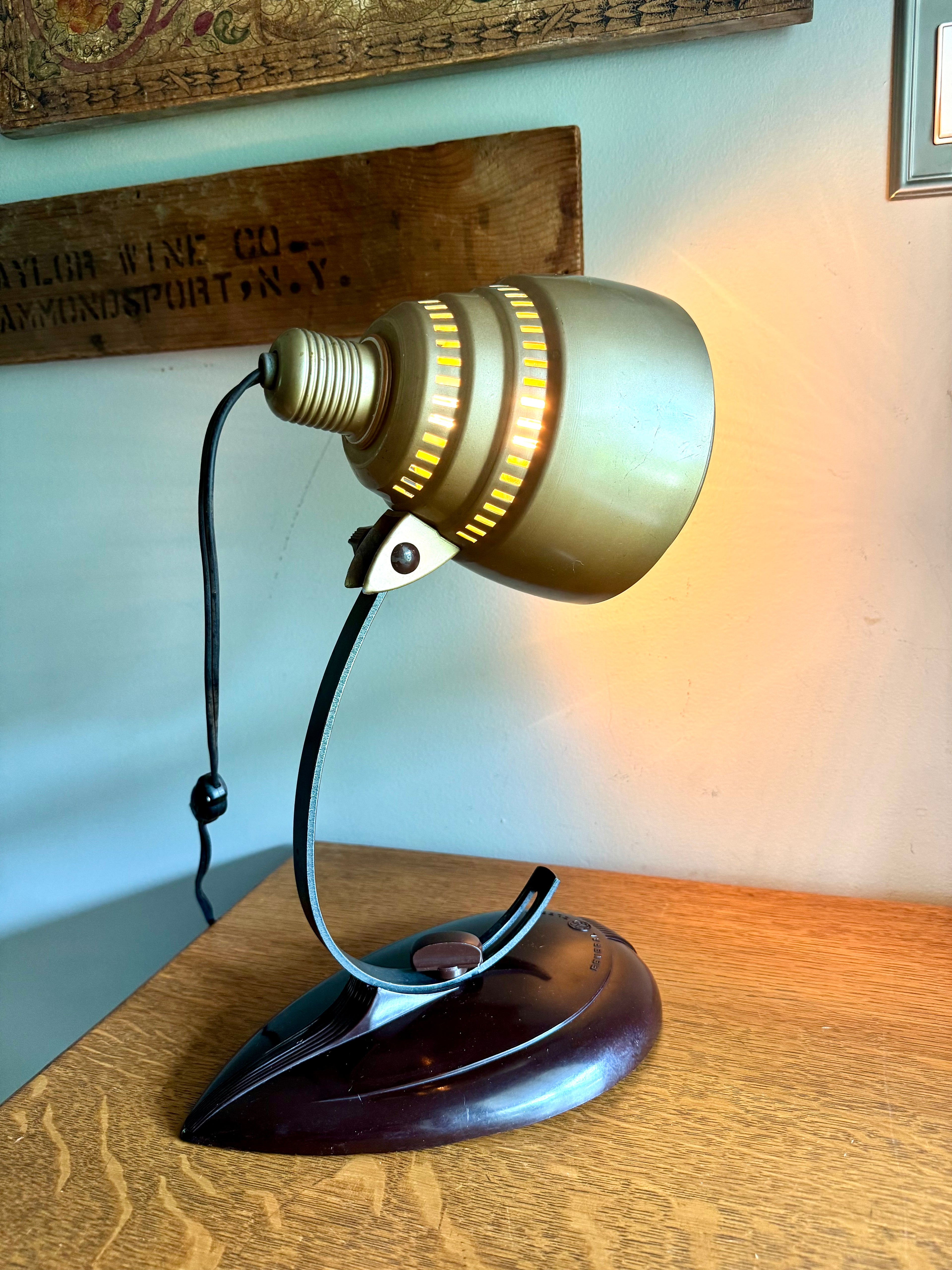 General Electric Table Lamp | General Electric Infrared Lamp | Bakelite Base Coned Shade Desk Lamp | Adjustable Drafting Lamp