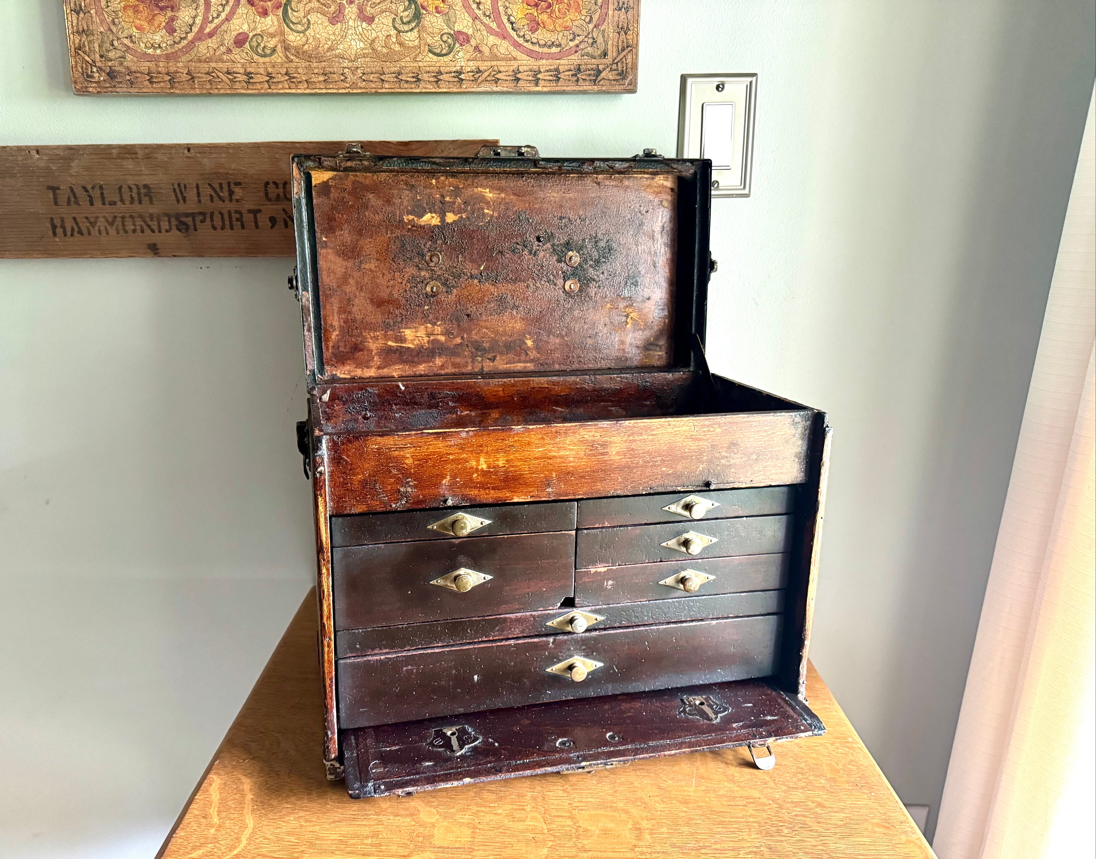 Wedell & Boers Machinist Tool Chest | Antique Wooden Tool Chest | Oak Journeyman Chest | 7 Drawer Wood Toolbox | Wood Toolbox