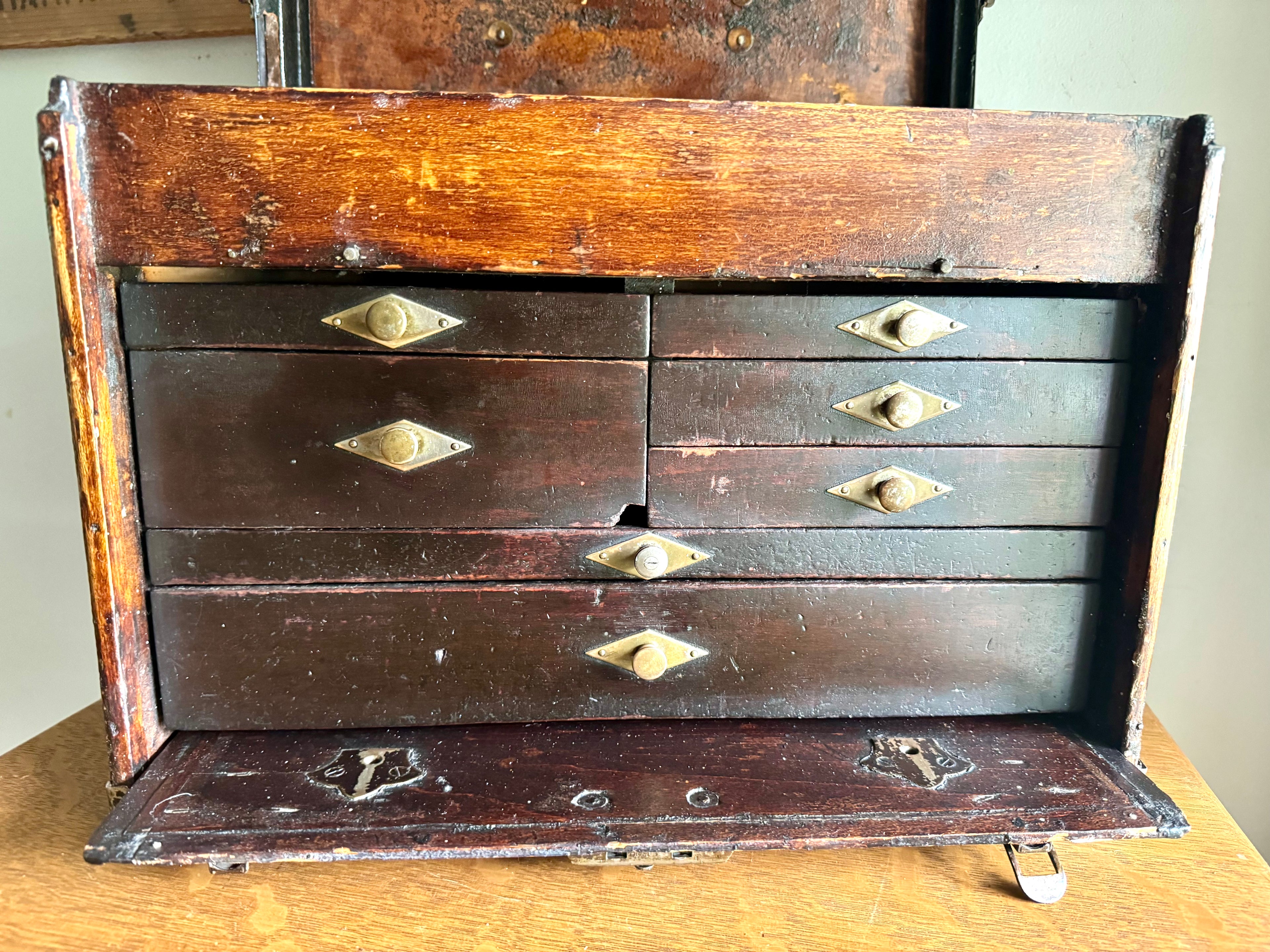 Wedell & Boers Machinist Tool Chest | Antique Wooden Tool Chest | Oak Journeyman Chest | 7 Drawer Wood Toolbox | Wood Toolbox