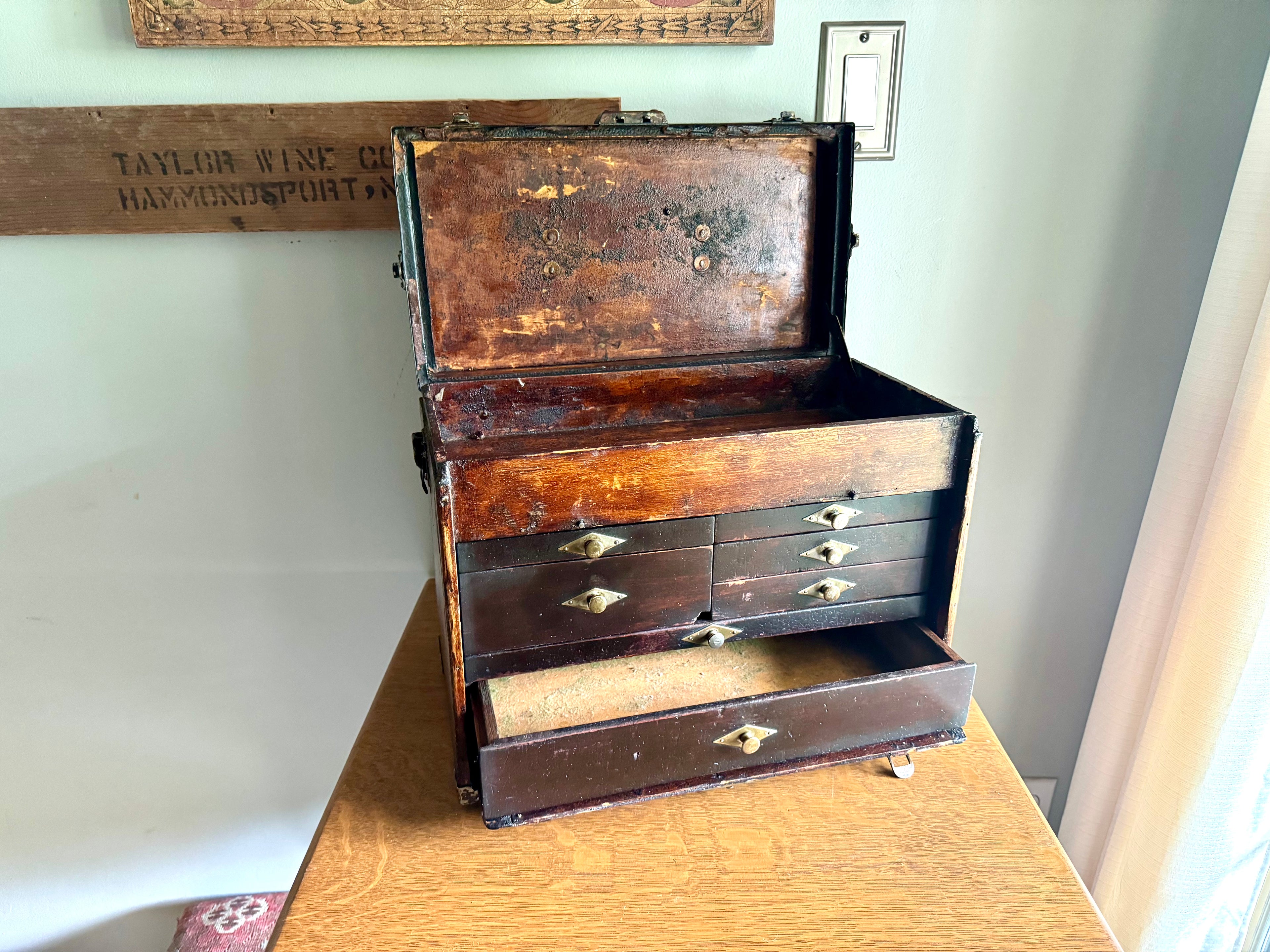 Wedell & Boers Machinist Tool Chest | Antique Wooden Tool Chest | Oak Journeyman Chest | 7 Drawer Wood Toolbox | Wood Toolbox