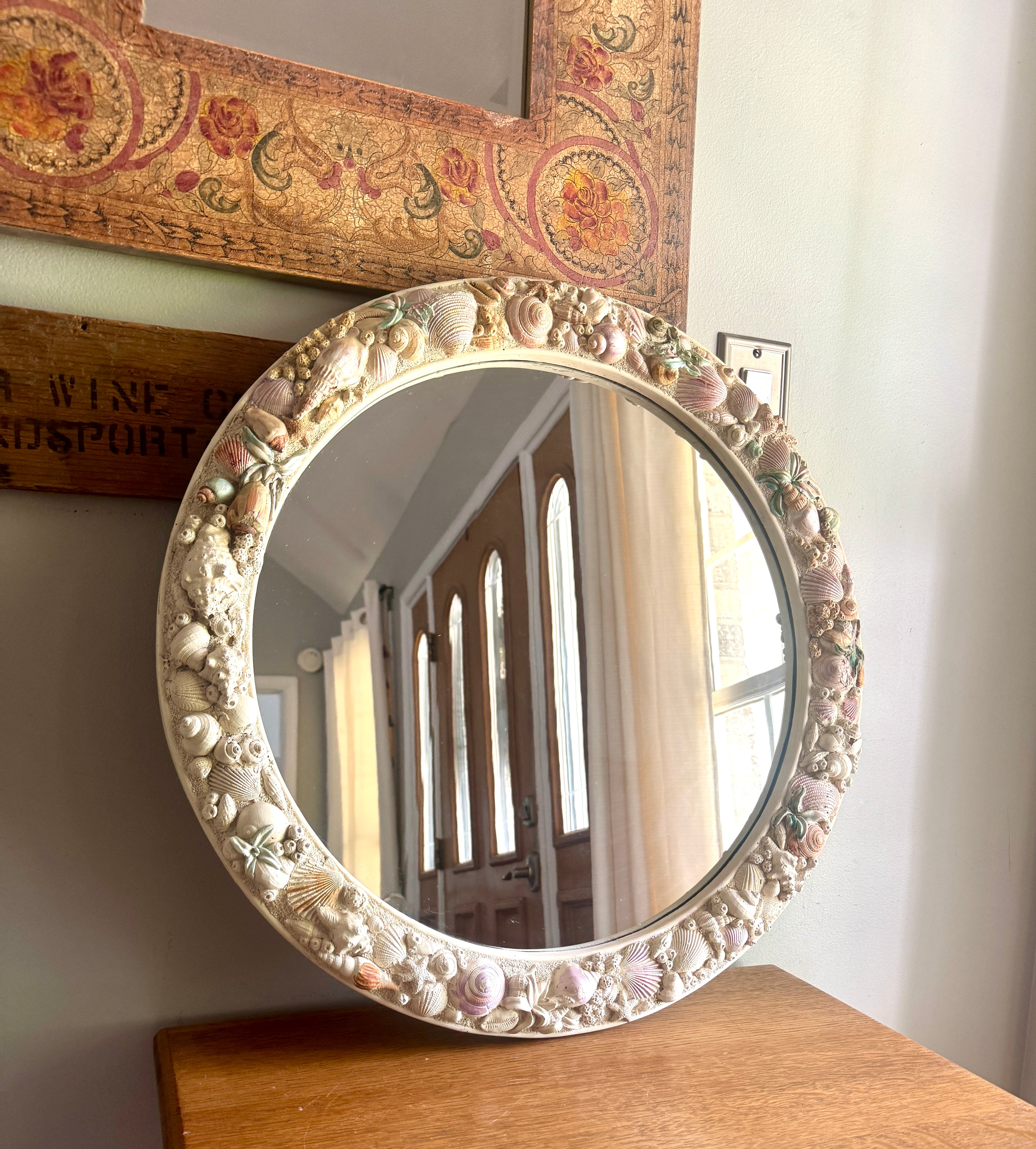 Sea Shell Framed Mirror ~ Coastal Decor 23” Round Resin Colorful Shell Mirror