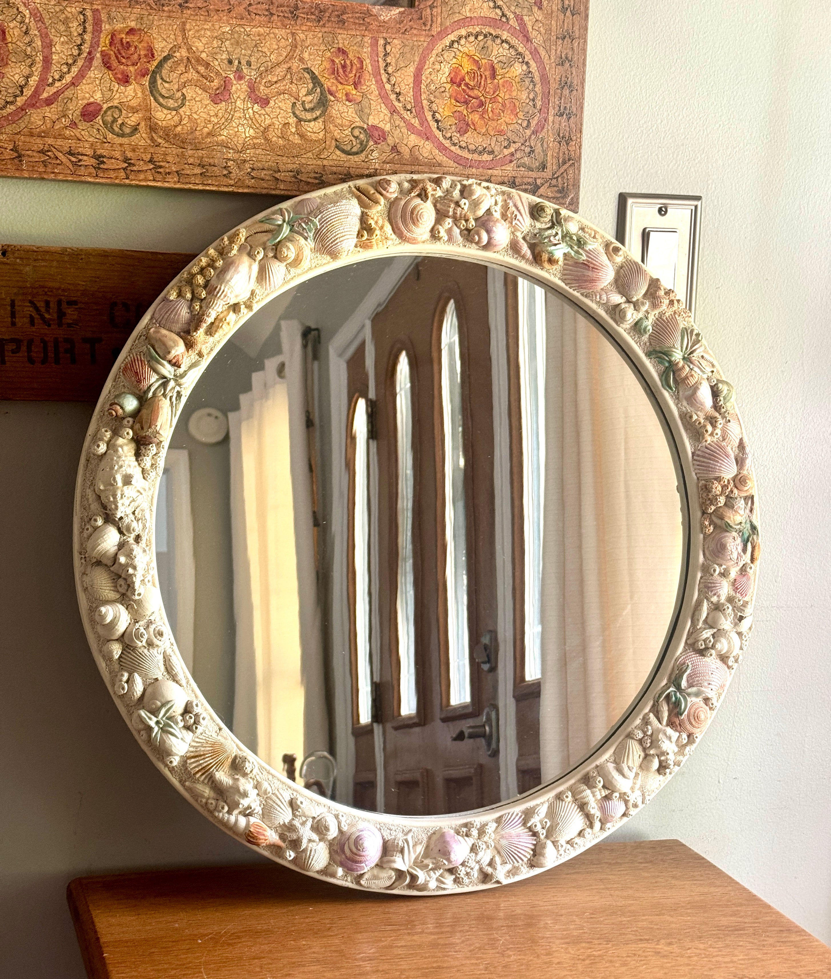 Sea Shell Framed Mirror ~ Coastal Decor 23” Round Resin Colorful Shell Mirror
