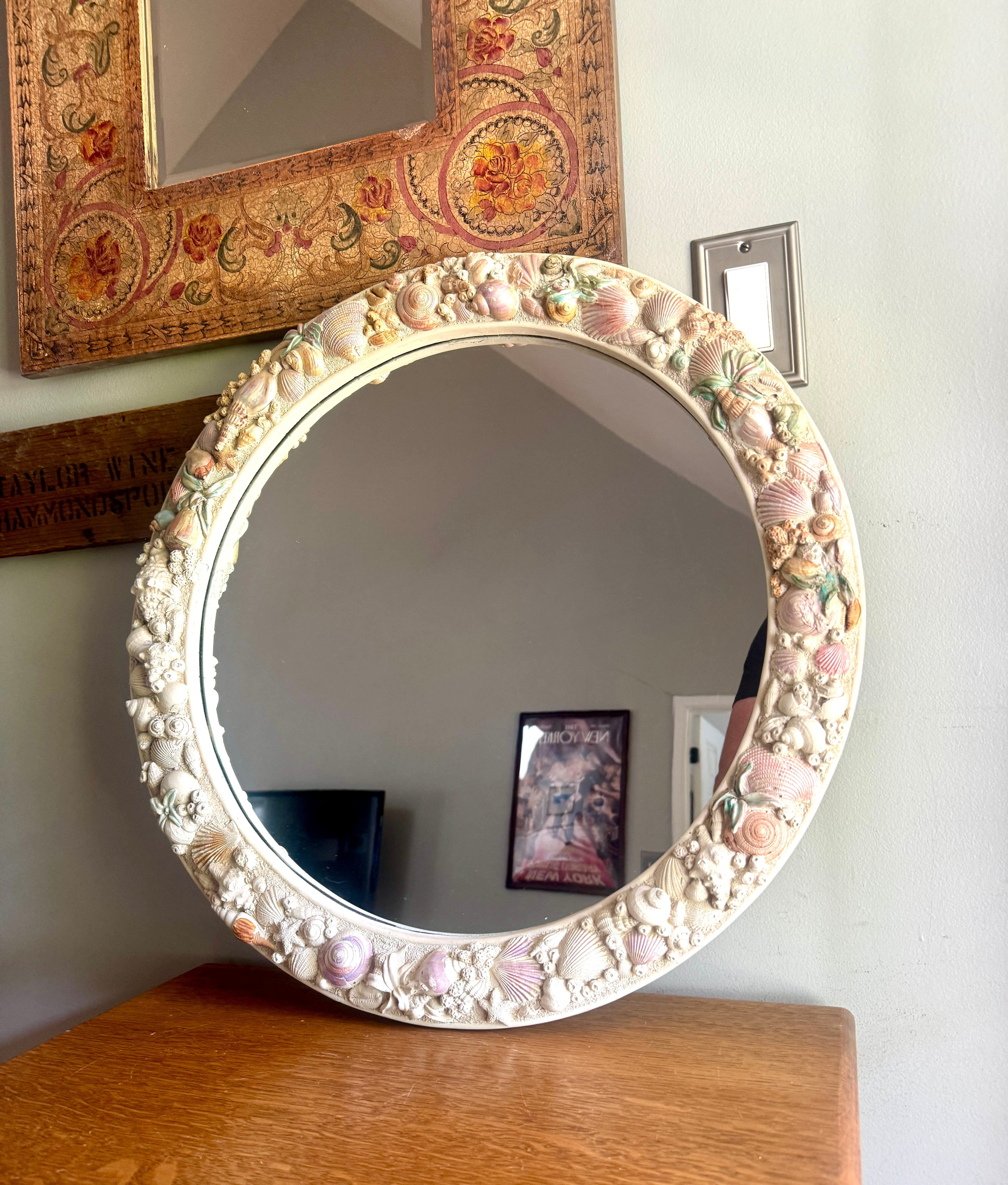 Sea Shell Framed Mirror ~ Coastal Decor 23” Round Resin Colorful Shell Mirror
