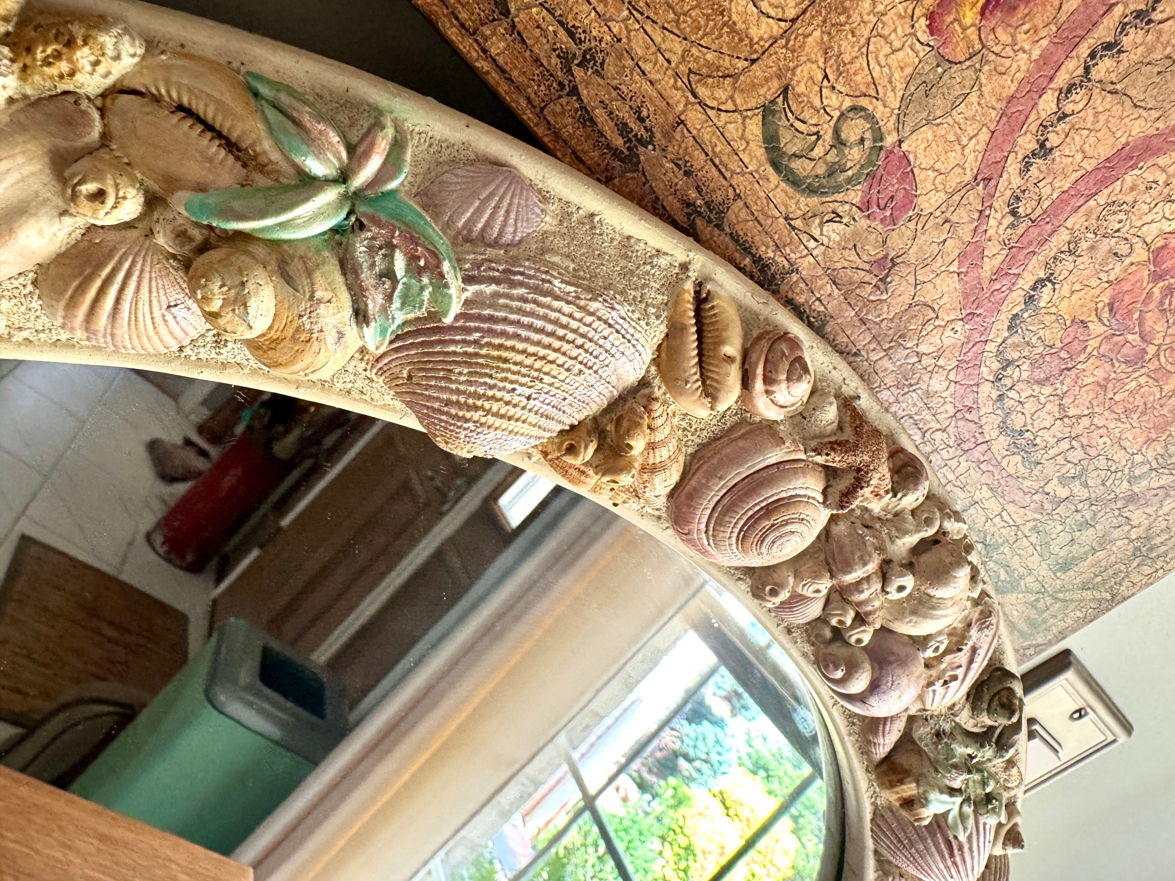Sea Shell Framed Mirror ~ Coastal Decor 23” Round Resin Colorful Shell Mirror