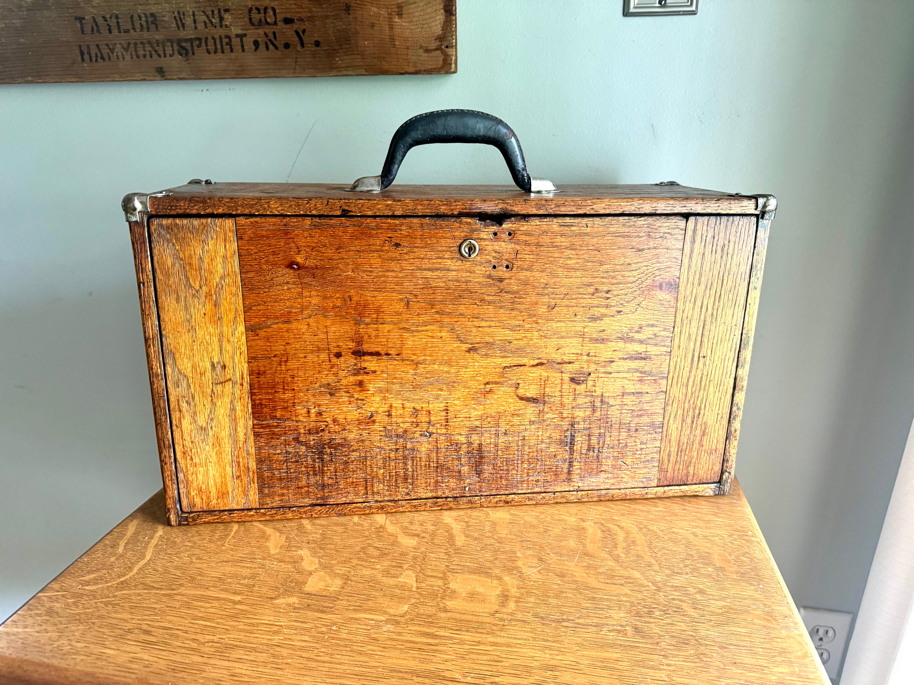 Vintage Oak Machinist Tool Chest | Wooden Tool Chest | Oak Journeyman Chest | 6 Drawer Wood Toolbox With Front Cover | Wood Tool Chest