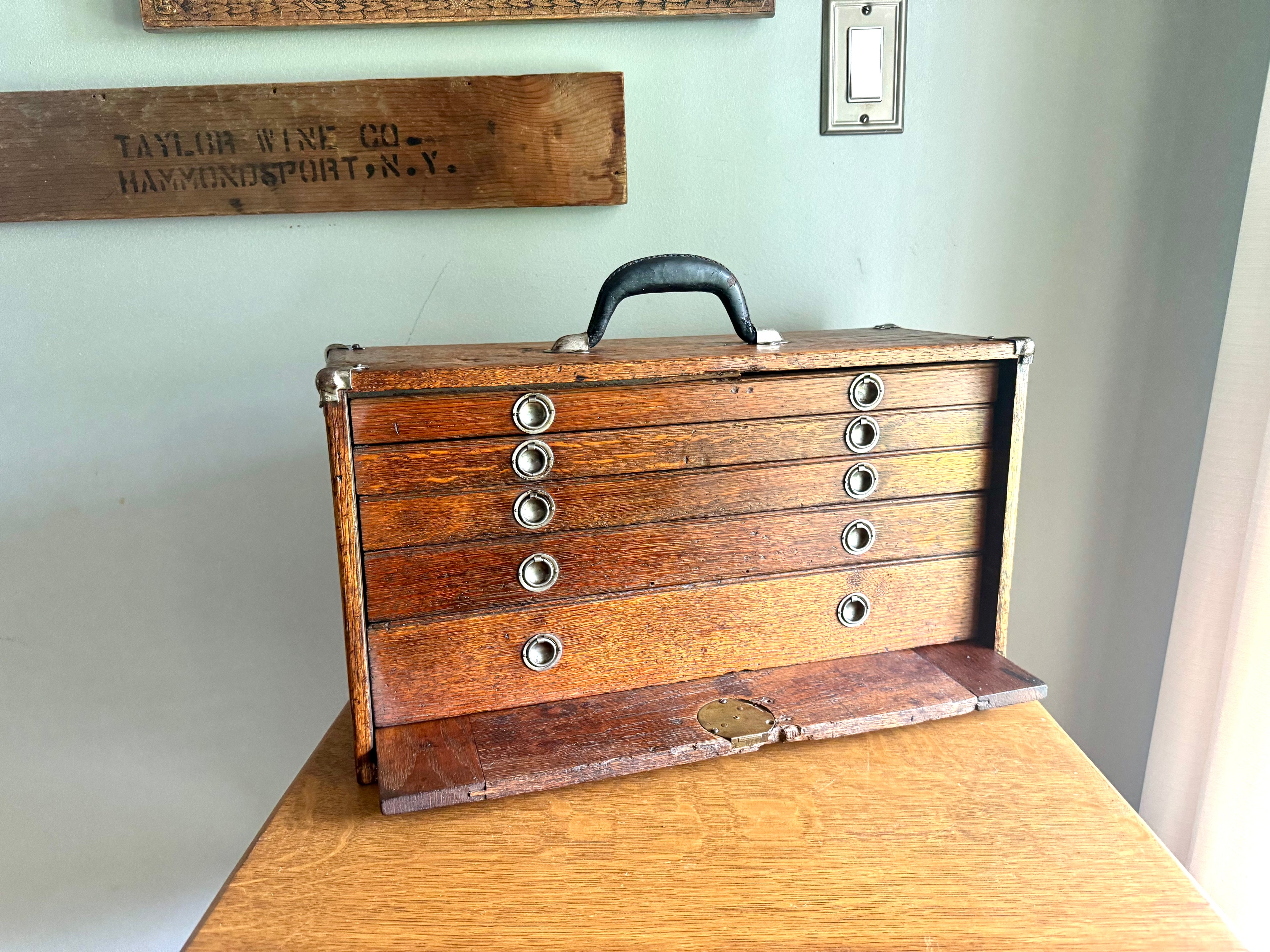 Vintage Oak Machinist Tool Chest | Wooden Tool Chest | Oak Journeyman Chest | 6 Drawer Wood Toolbox With Front Cover | Wood Tool Chest