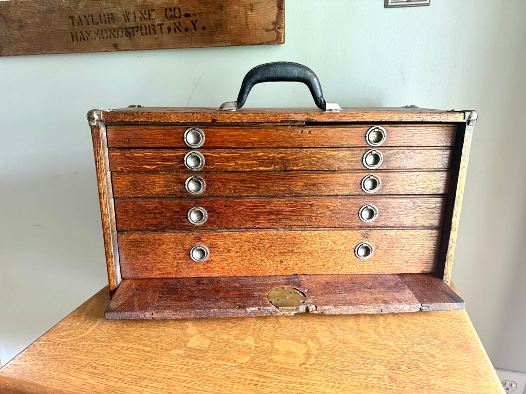Vintage Oak Machinist Tool Chest | Wooden Tool Chest | Oak Journeyman Chest | 6 Drawer Wood Toolbox With Front Cover | Wood Tool Chest