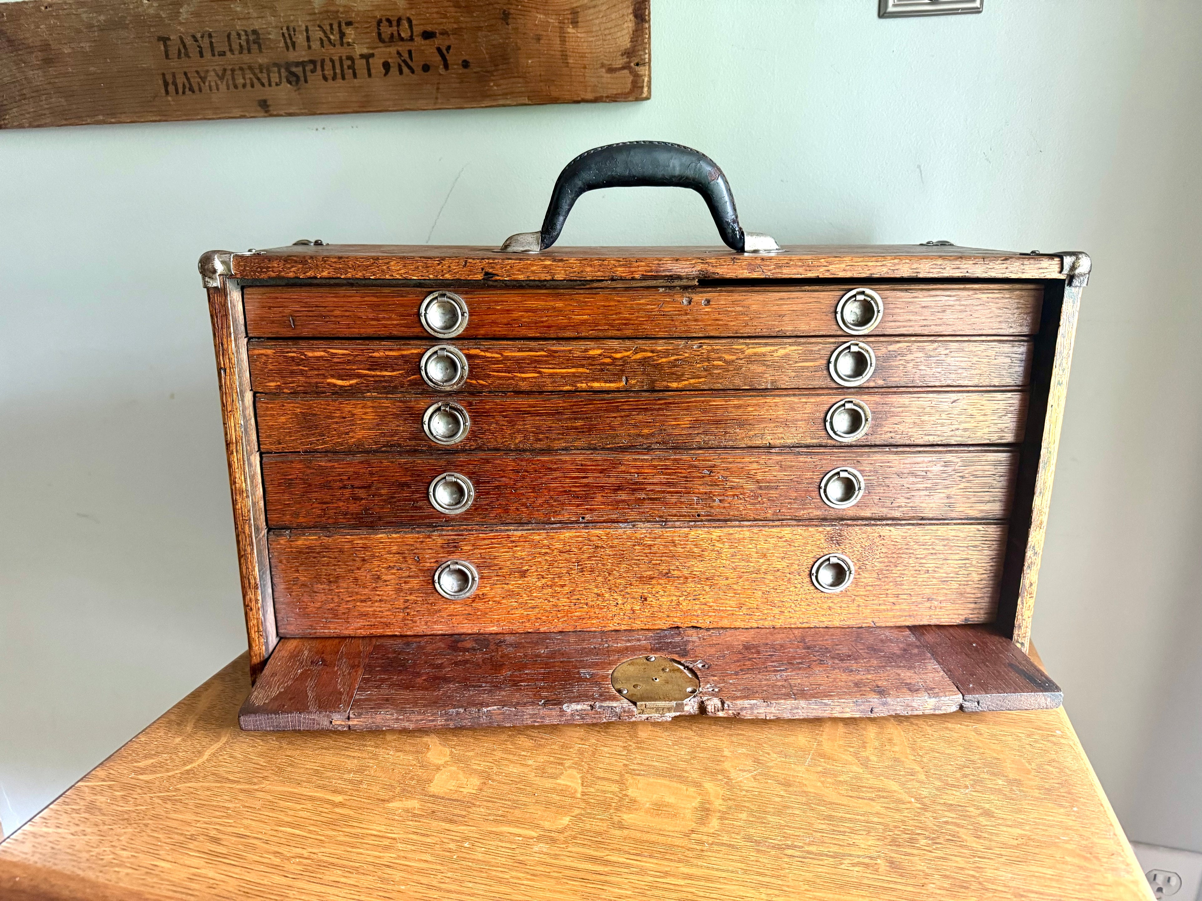 Vintage Oak Machinist Tool Chest | Wooden Tool Chest | Oak Journeyman Chest | 6 Drawer Wood Toolbox With Front Cover | Wood Tool Chest