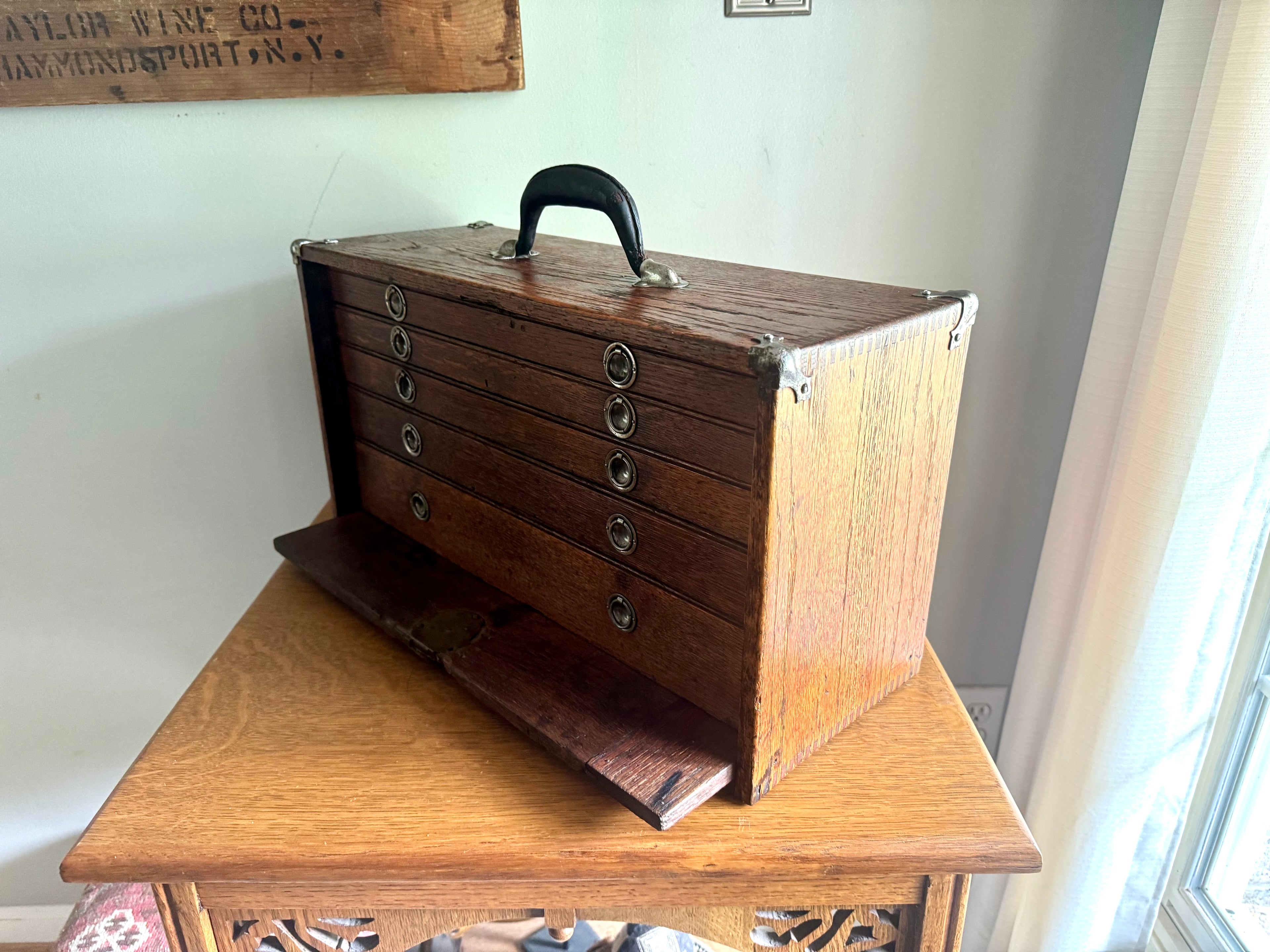 Vintage Oak Machinist Tool Chest | Wooden Tool Chest | Oak Journeyman Chest | 6 Drawer Wood Toolbox With Front Cover | Wood Tool Chest